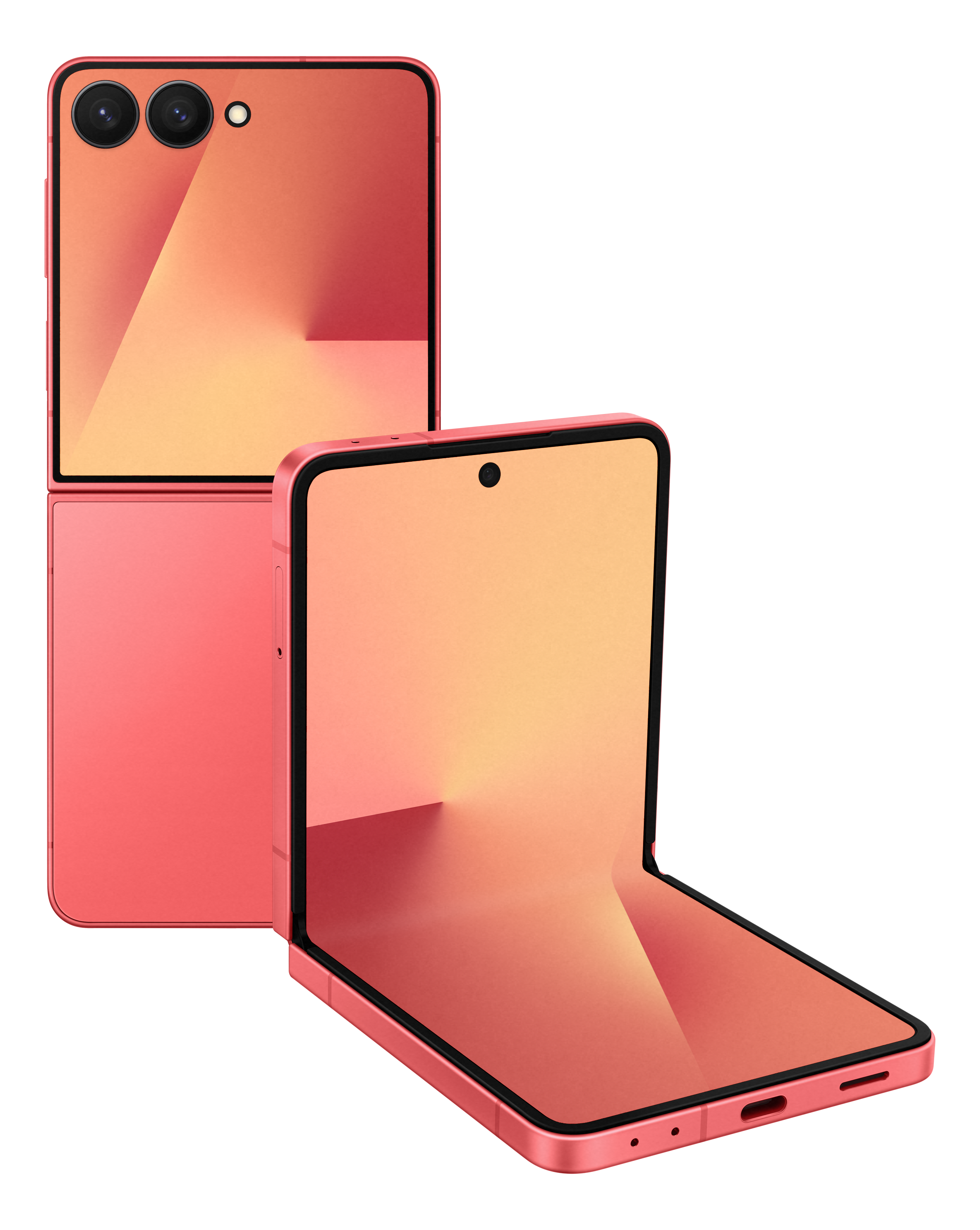 Smartphone pliable rose, partiellement ouvert, sur fond noir. Les écrans sont couleur pêche. Deux caméras sont visibles.
