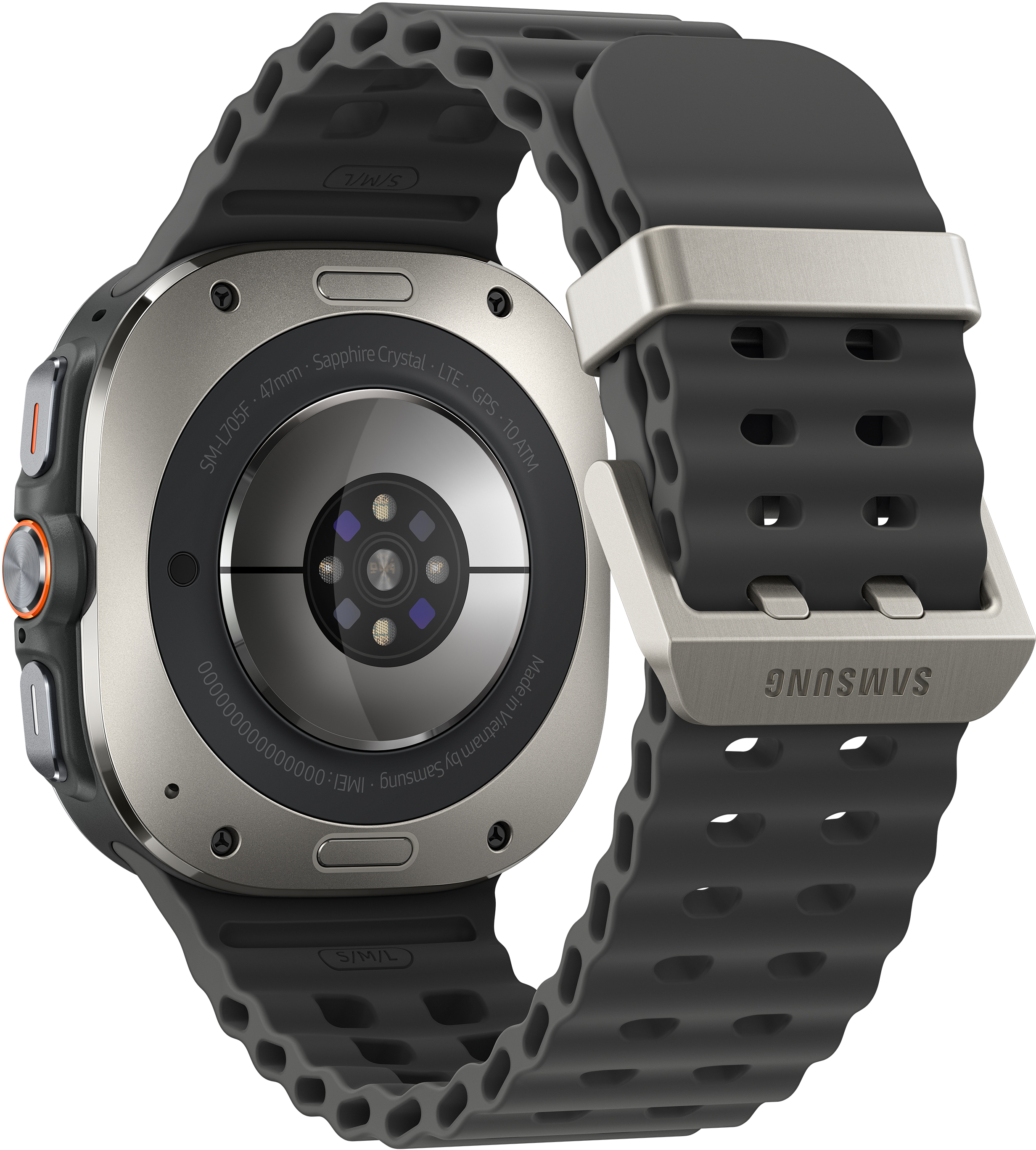 Uno smartwatch Samsung, cinturino nero e lunetta argentata. Il retro mostra le specifiche tecniche. Fibbia con logo Samsung.