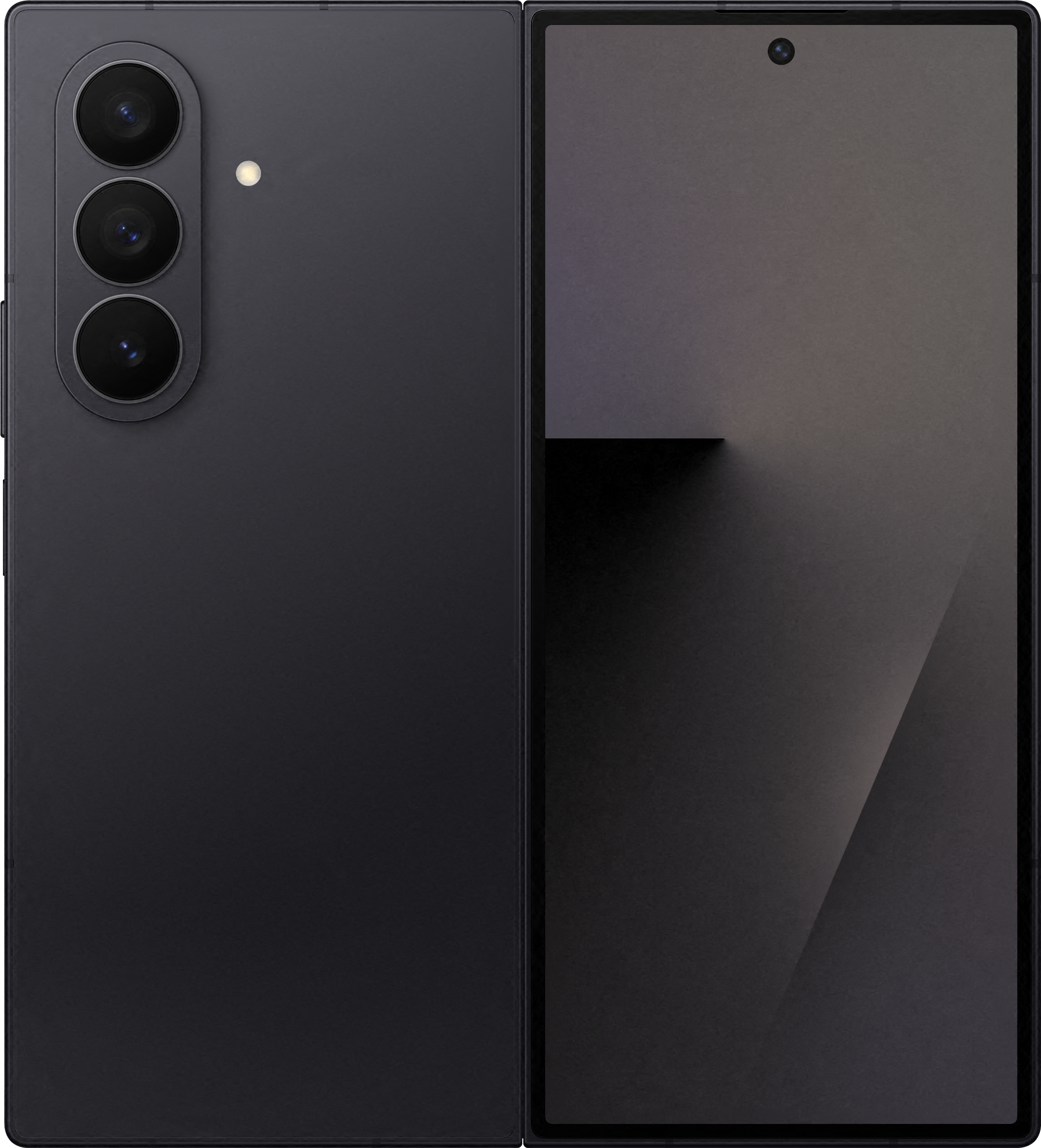 Uno smartphone nero piegato. Un lato ha tre lenti e un flash. L'altro lato è aperto, mostrando uno schermo.