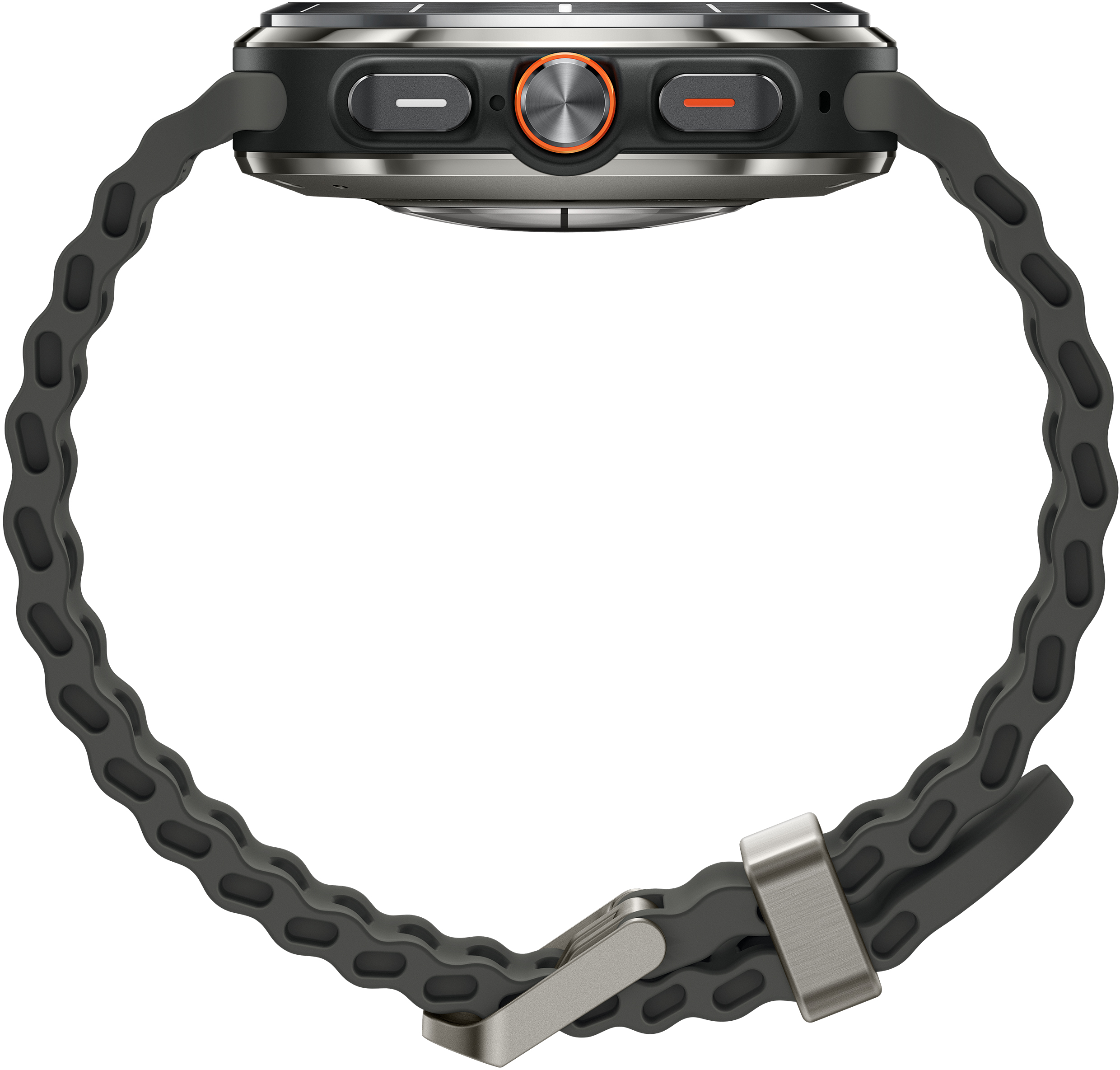 Uno smartwatch grigio con cinturino ondulato è mostrato di lato. Ha un pulsante arancione e altri due pulsanti.