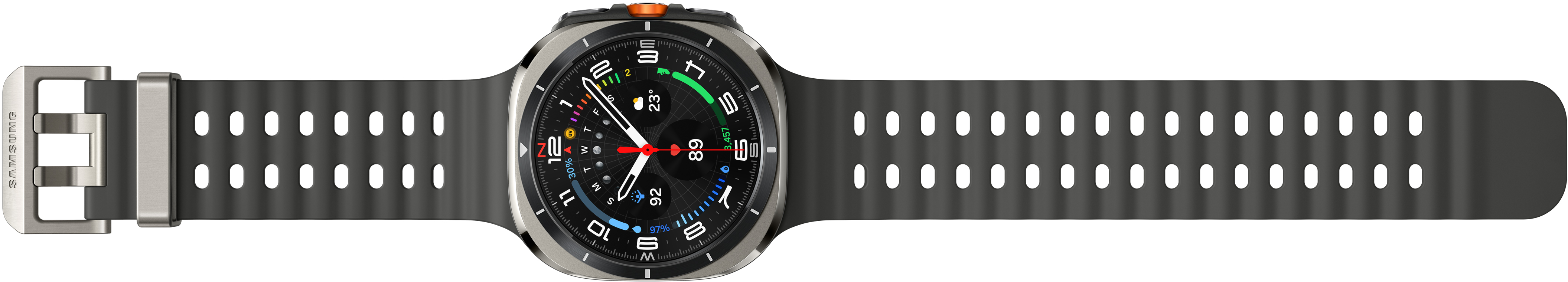 Uno smartwatch nero con lunetta e cinturino grigi. Il quadrante mostra l'ora e le metriche di salute.
