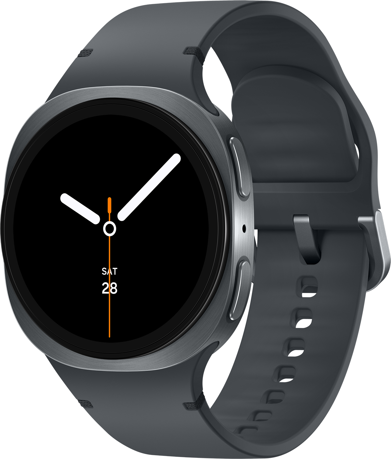 Une montre intelligente gris foncé avec un écran noir affichant l'heure. Le bracelet est également gris foncé. Les aiguilles sont blanches.