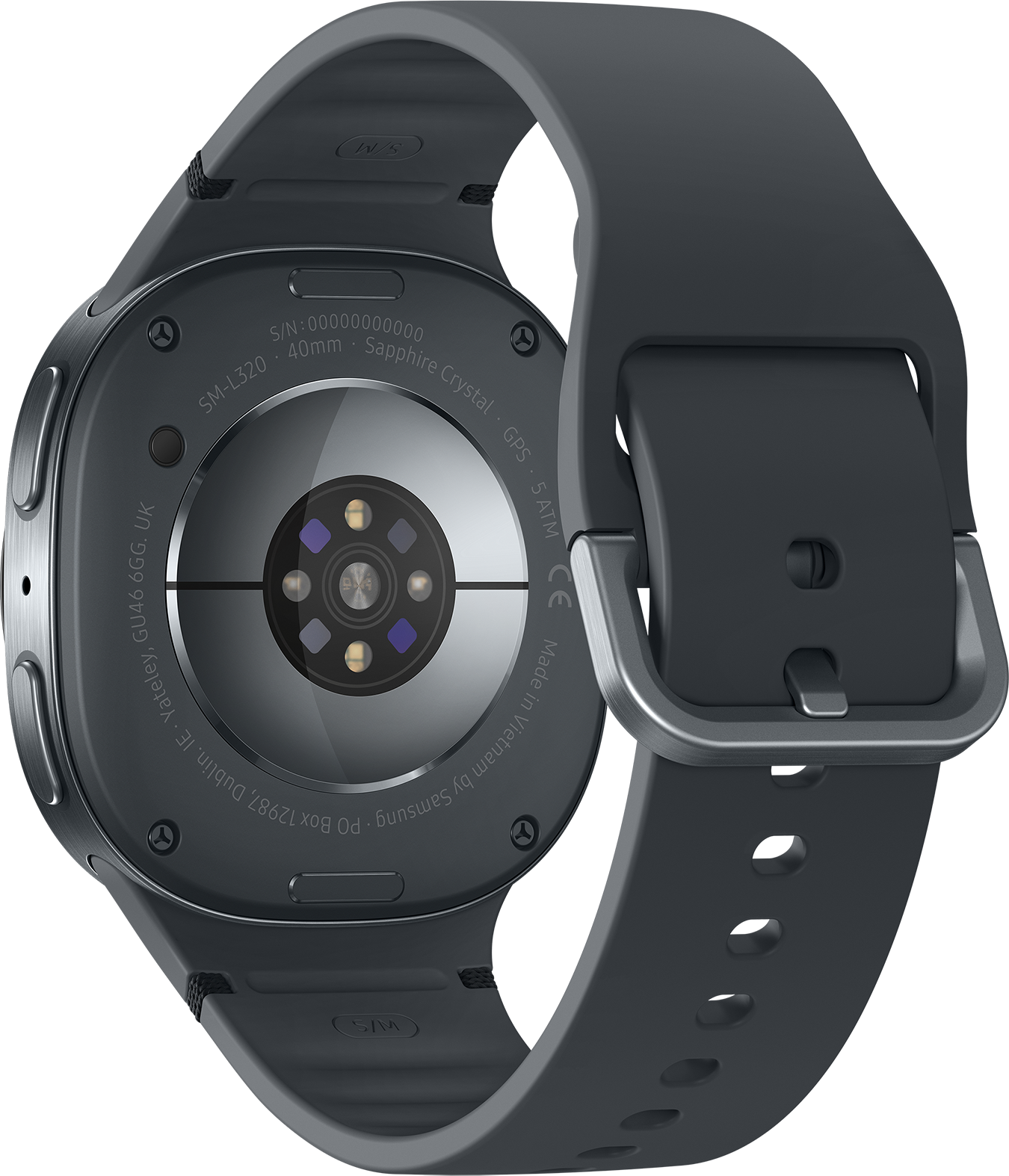 Gros plan du dos d'une smartwatch. Il est gris foncé avec un capteur de fréquence cardiaque, un numéro de série et des détails du bracelet.