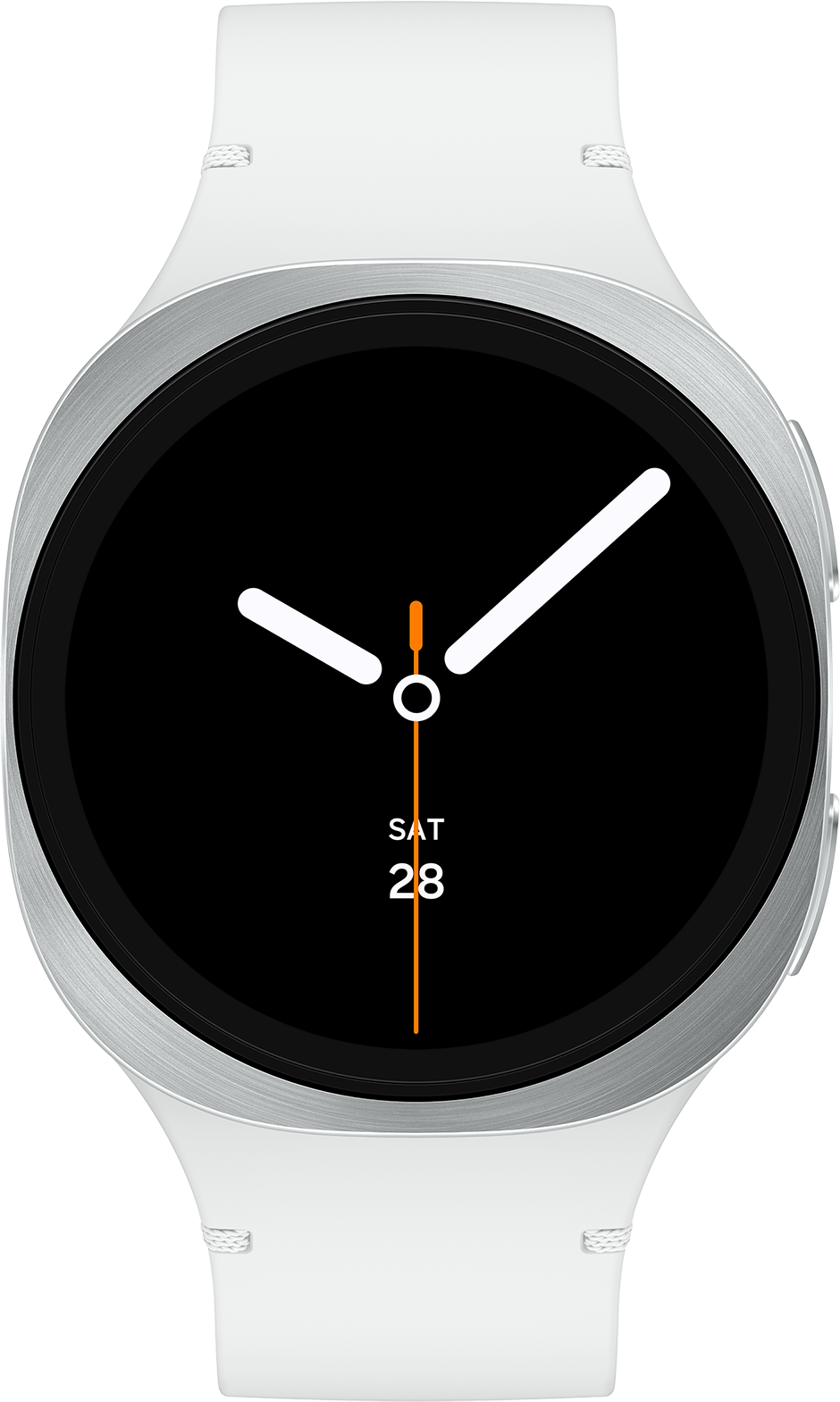 Une montre connectée argentée avec un cadran noir. Les aiguilles blanches indiquent l'heure. Bracelet blanc. Date : samedi 28.