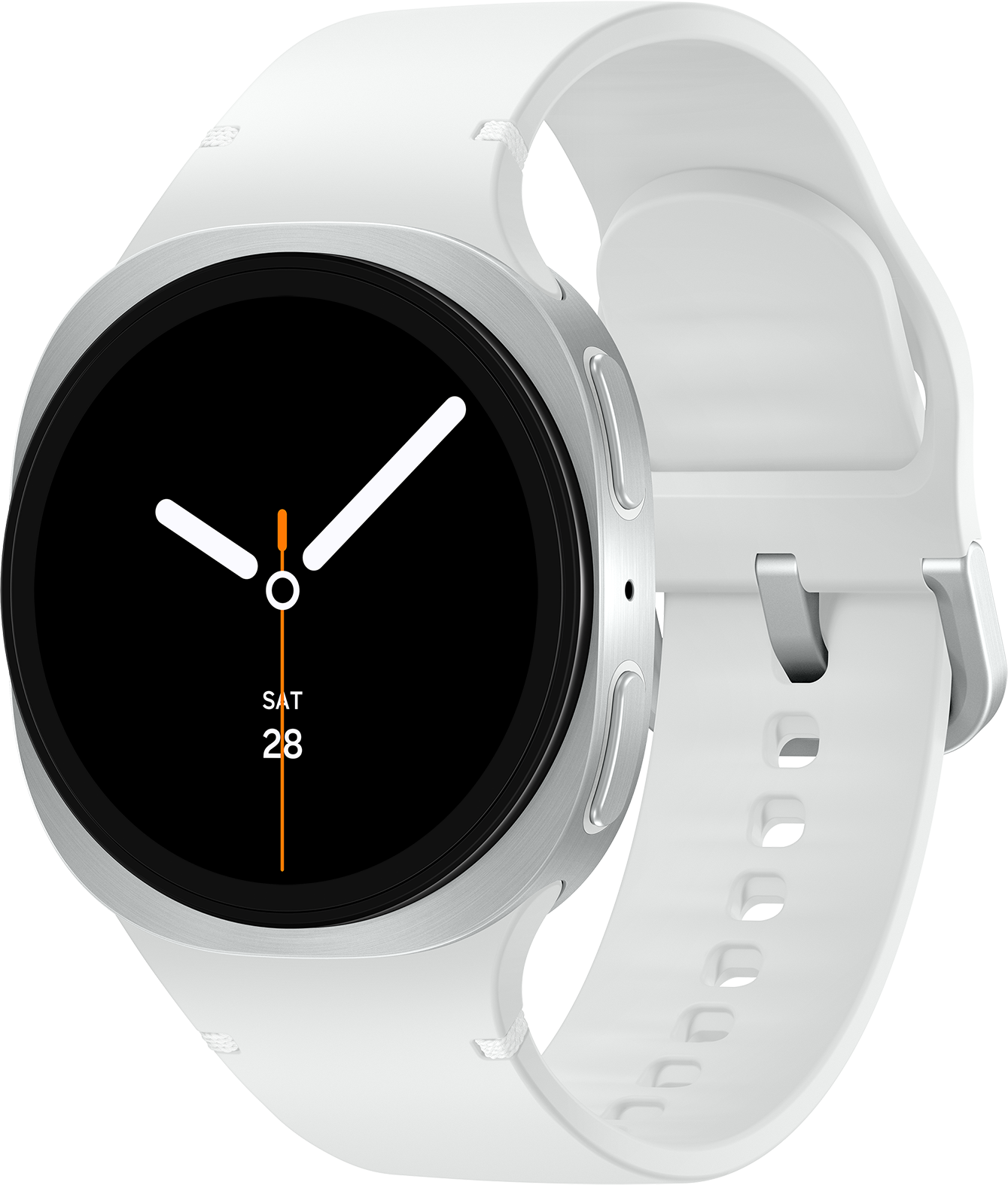 Une smartwatch blanche avec un cadran noir. Elle affiche l'heure avec des aiguilles blanches et la date, samedi 28.