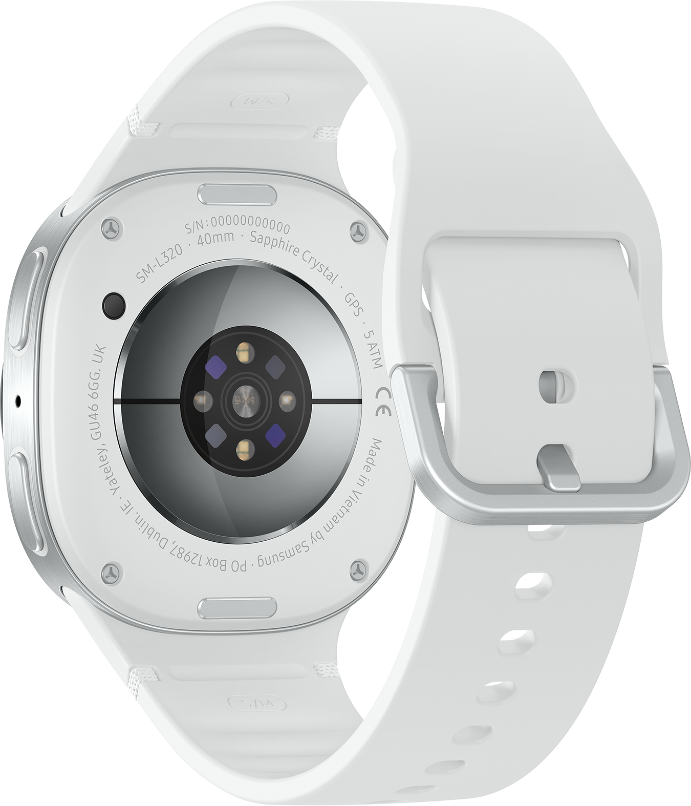 Dos d'une smartwatch blanche avec bracelet. Boucle et détails argentés. Capteur et informations du modèle sur le cadran.