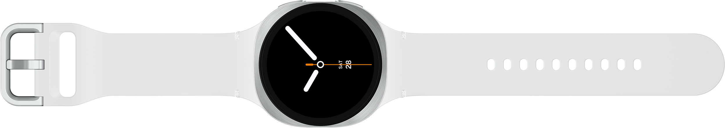 Une montre connectée blanche avec un cadran noir. Elle a des bracelets blancs et une lunette argentée.