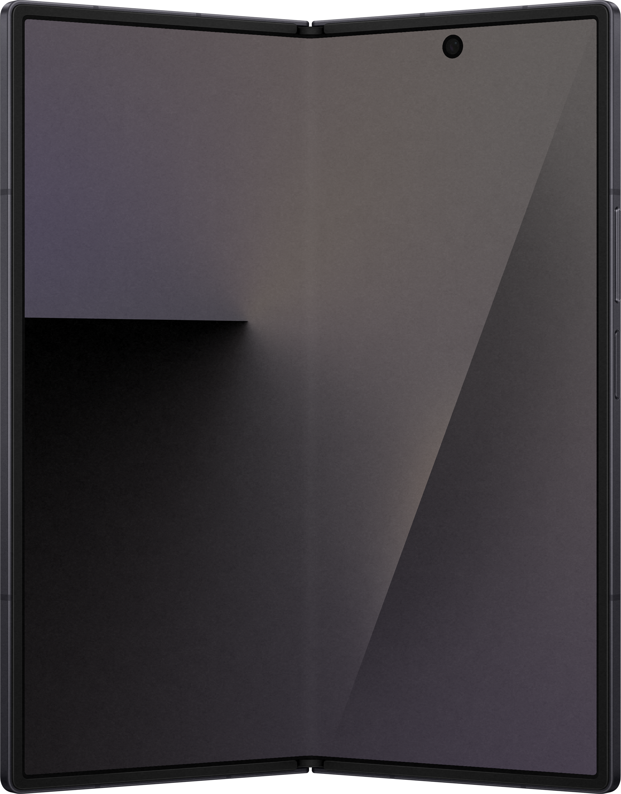 Smartphone pieghevole grigio scuro aperto, con schermo visibile. Un punto fotocamera è visibile. Bordi neri.