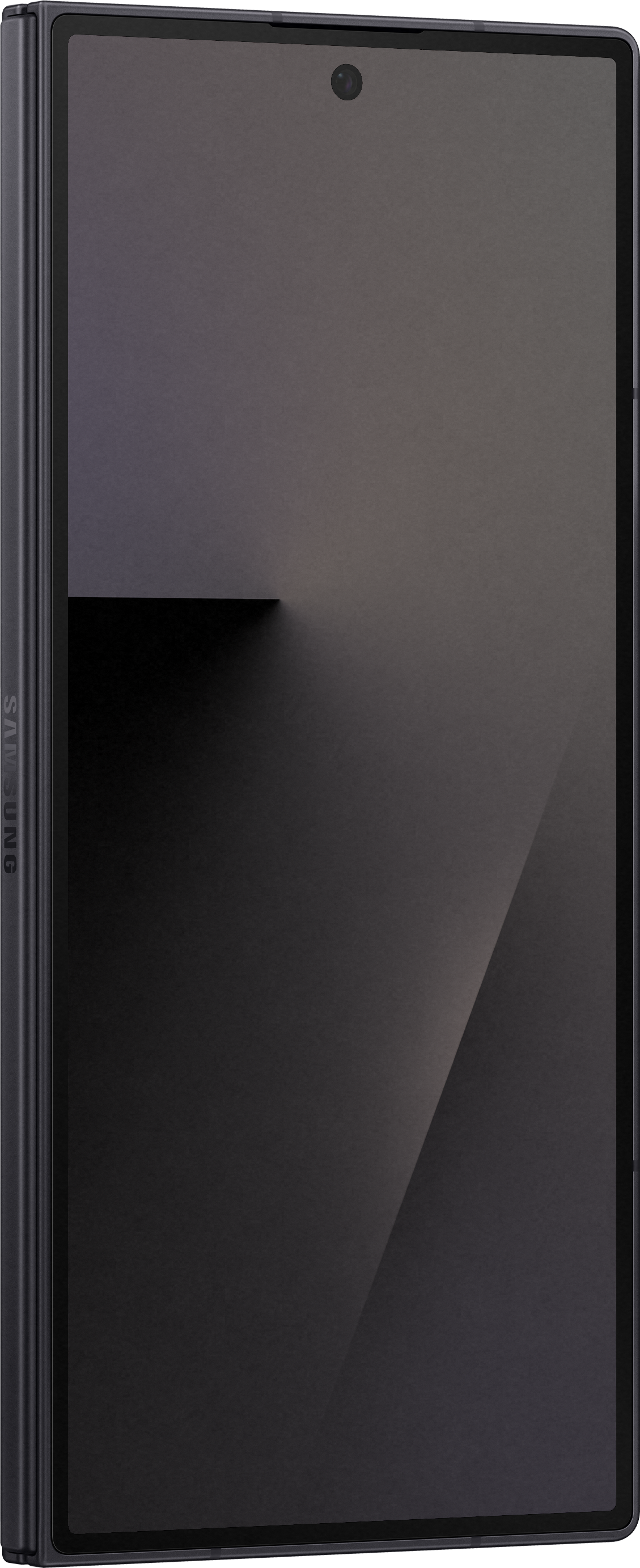 Un tablet rettangolare grigio scuro. Una fotocamera è visibile in alto. Il logo Samsung è sul lato.