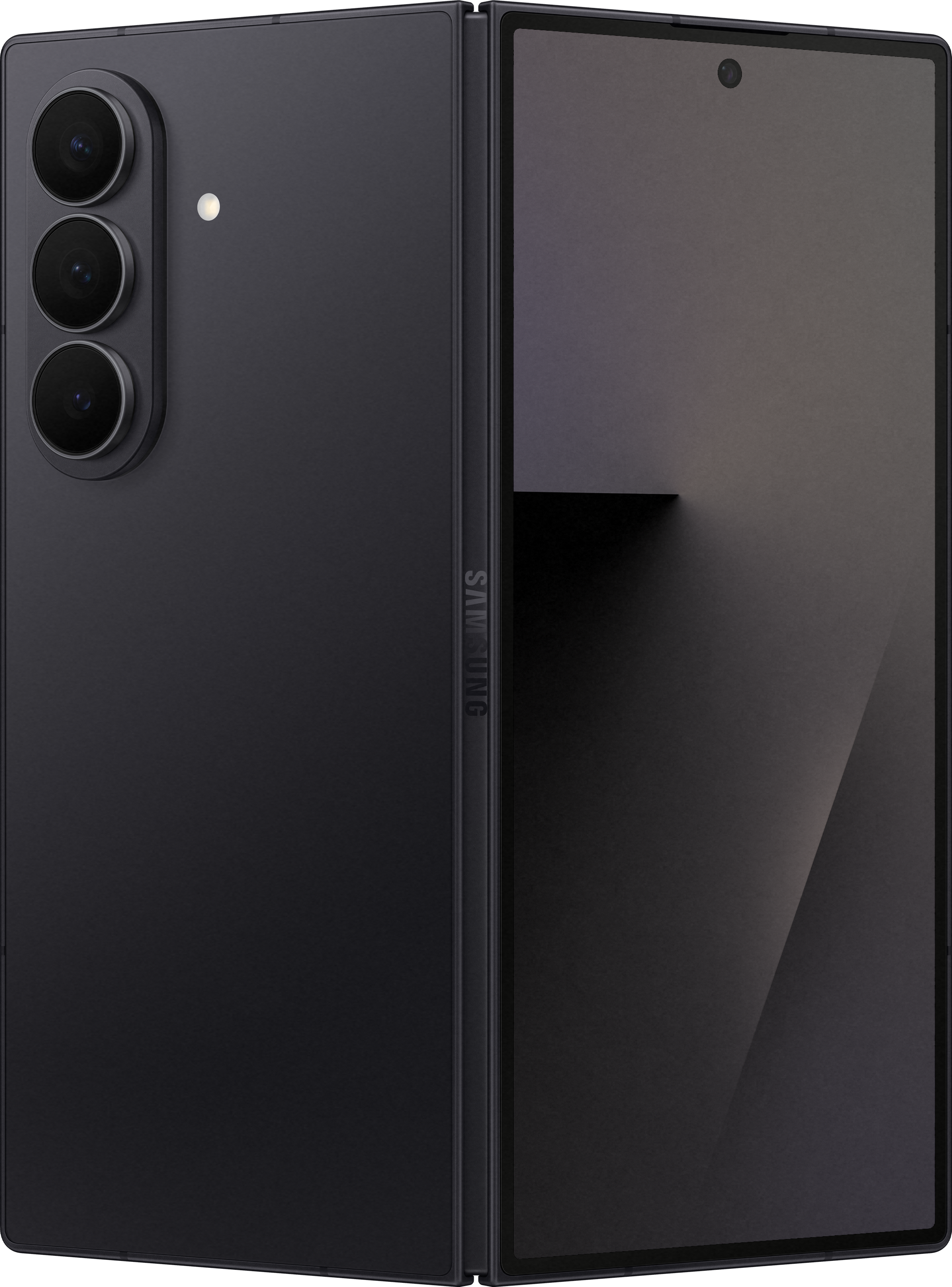 Uno smartphone nero piegato con tre fotocamere a sinistra. Lo schermo è aperto, mostrando un display scuro.