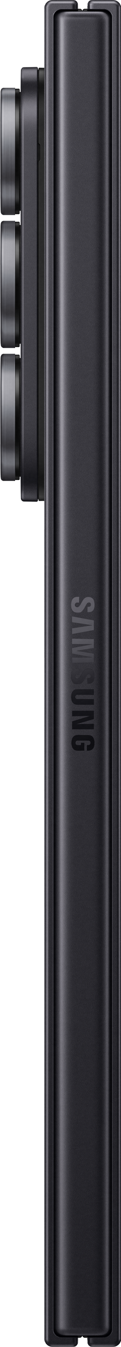 Vista laterale di uno smartphone nero con lenti della fotocamera e il logo Samsung. Il telefono è verticale.