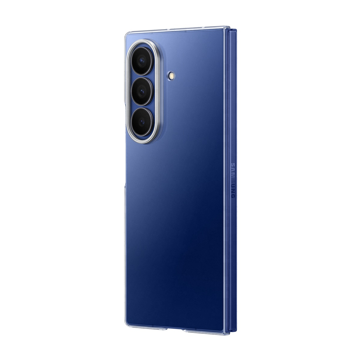 Üç kameralı mavi bir Samsung telefon. Şeffaf bir kılıf içinde. Samsung logosu görülebilir.
