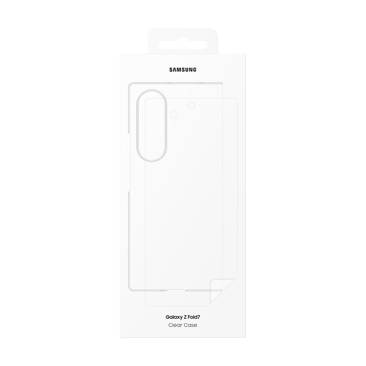 Samsung Galaxy Z Fold7 şeffaf kılıf ambalajında. Ürün konturu olan beyaz kutu. Metin: 'SAMSUNG' ve 'Galaxy Z Fold7 Clear Case'.