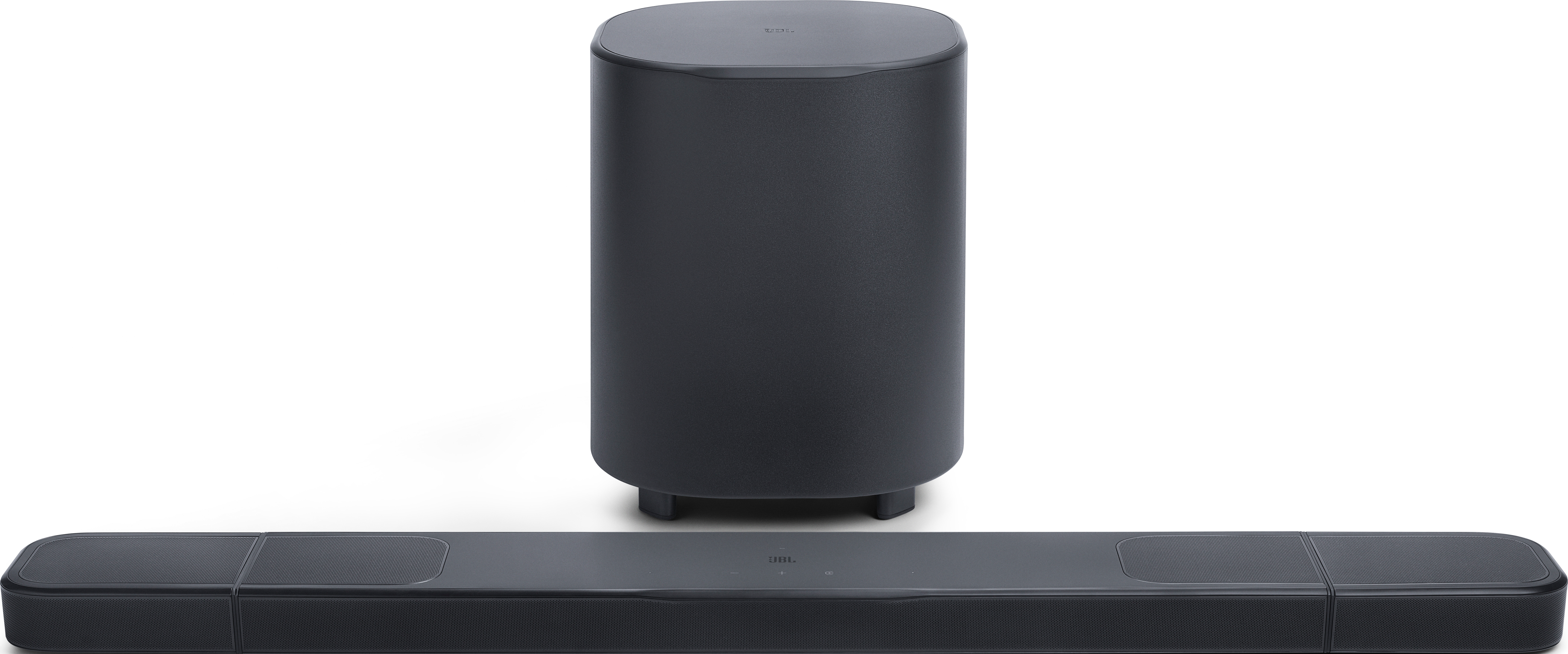 Ein schwarzes Soundbar- und Subwoofer-Set. Der Subwoofer ist hoch und zylindrisch. Die Soundbar ist rechteckig mit Mesh auf der Vorderseite.