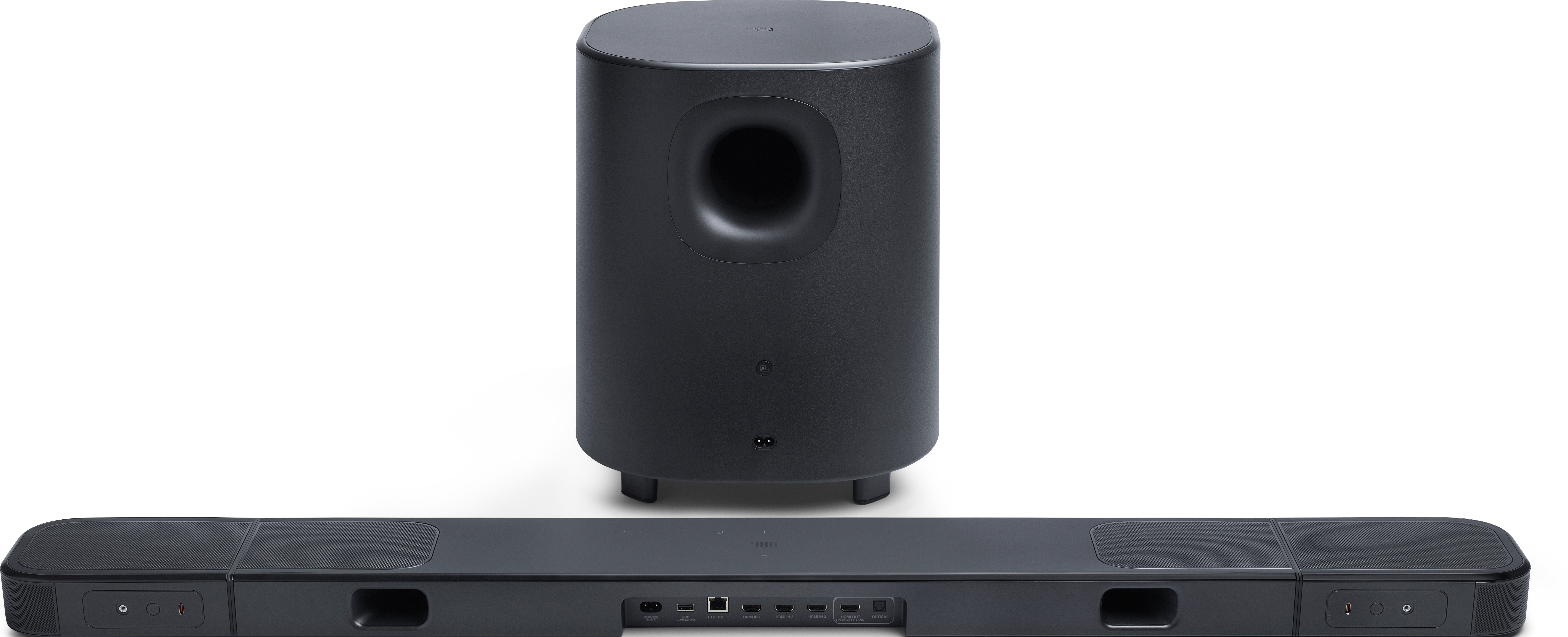 Ein schwarzes Soundbar-System mit Subwoofer. Der Subwoofer ist zylindrisch mit großem Port. Die Soundbar ist rechteckig.