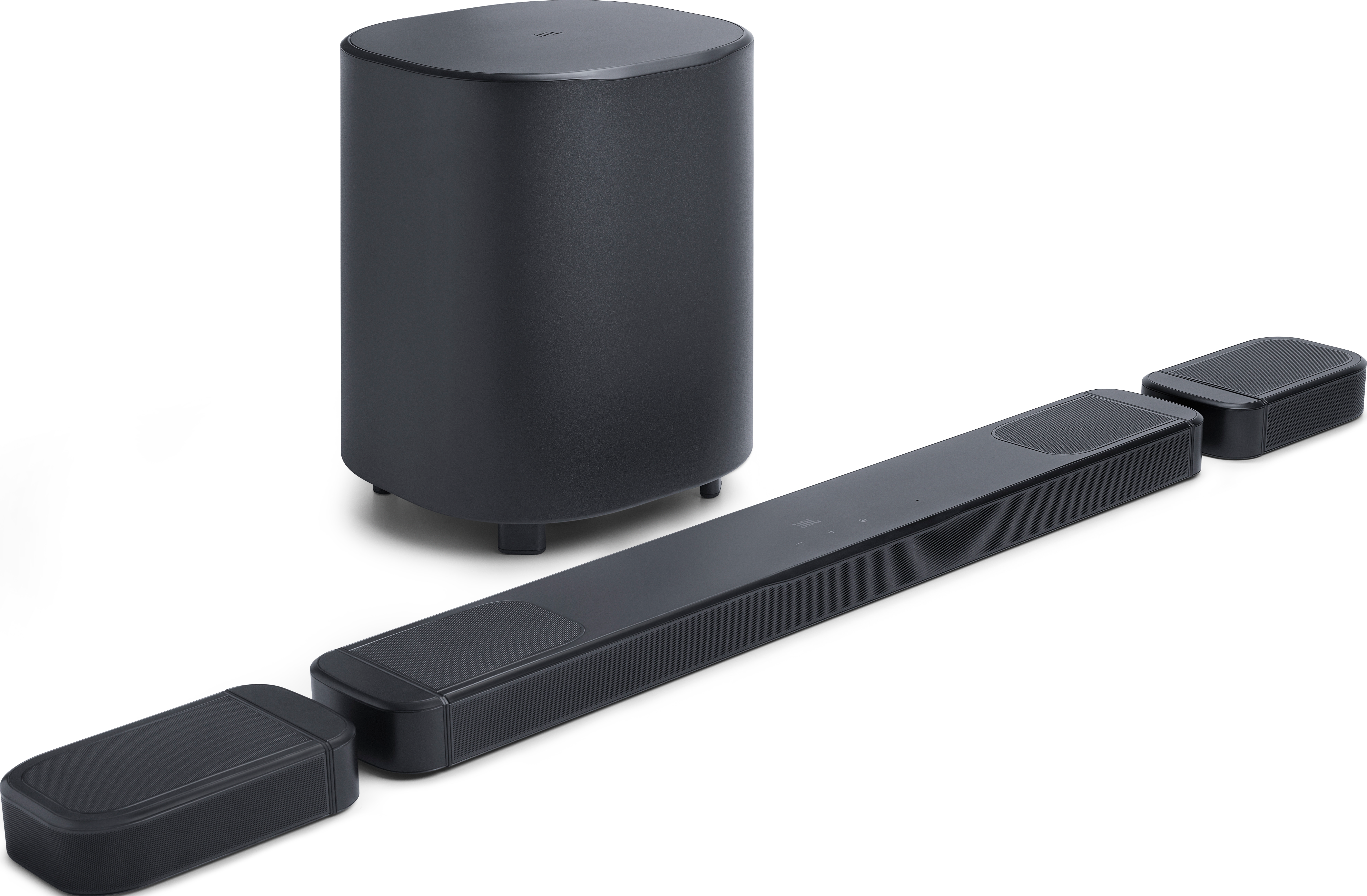 Ein schwarzes Soundbarsystem mit Subwoofer, zwei Lautsprechern und der Hauptleiste. Alles ist schwarz und auf weißem Grund.