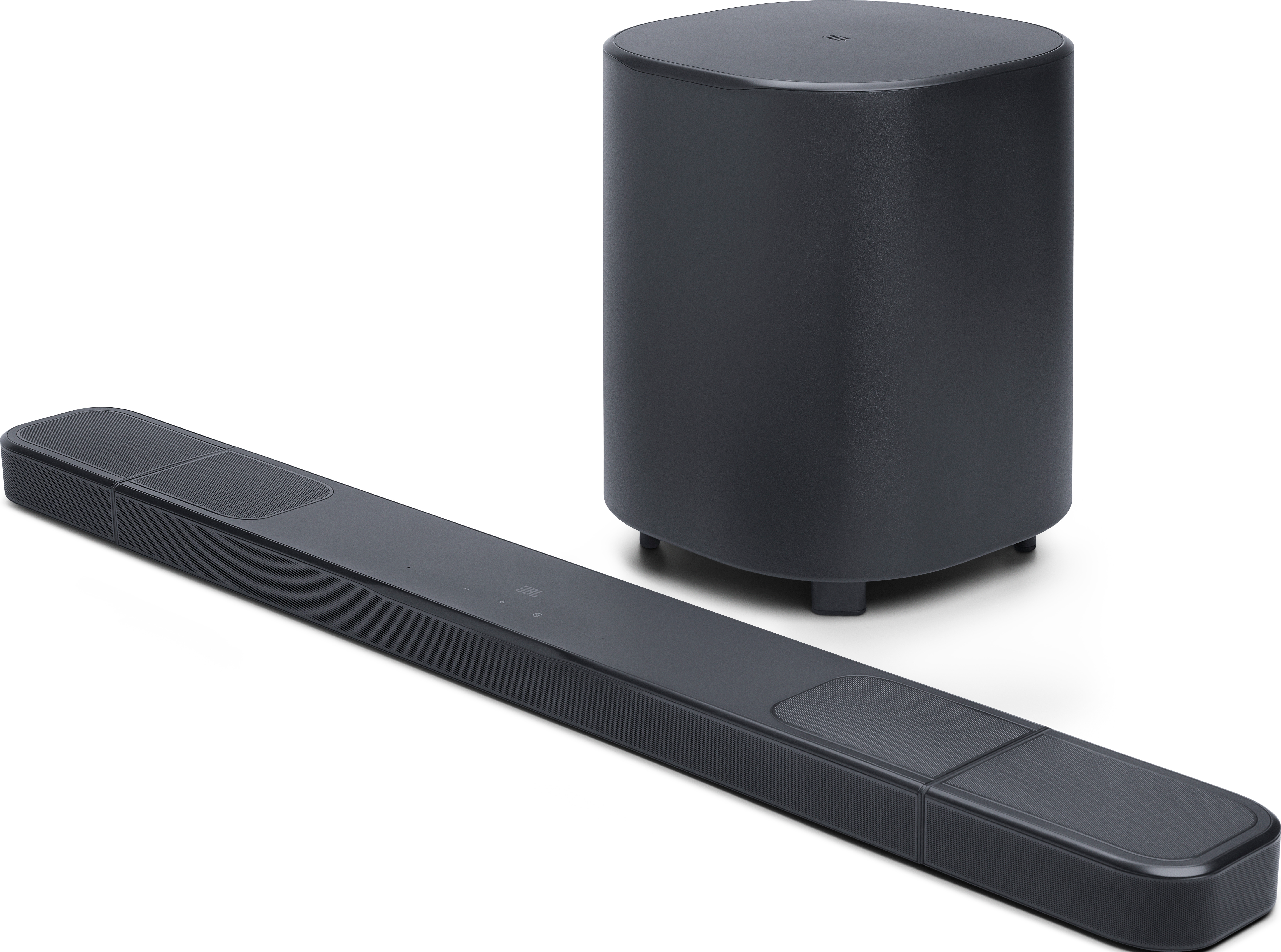 Eine dunkelgraue Soundbar mit passendem Subwoofer. Die Soundbar ist lang und rechteckig. Der Subwoofer ist ein abgerundeter Zylinder.