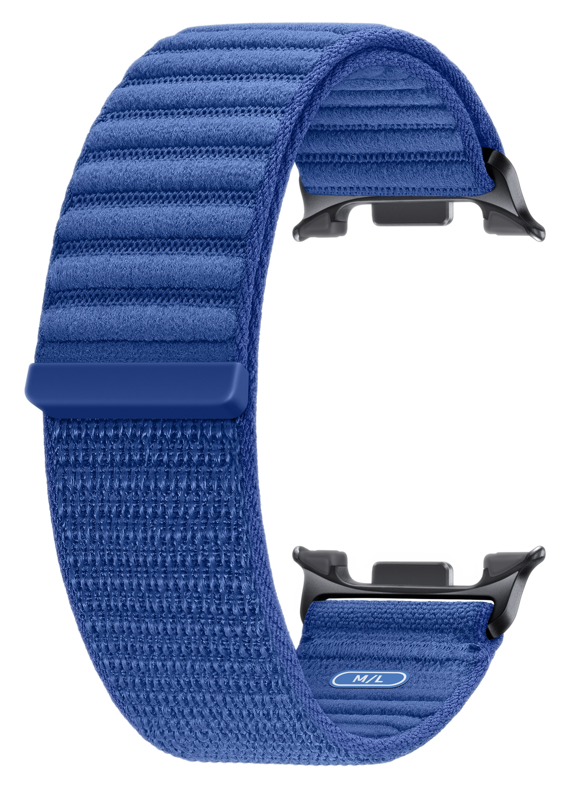 Niebieski pasek do Apple Watch. Ma teksturowaną powierzchnię i zapięcie. Tło jest czarne.