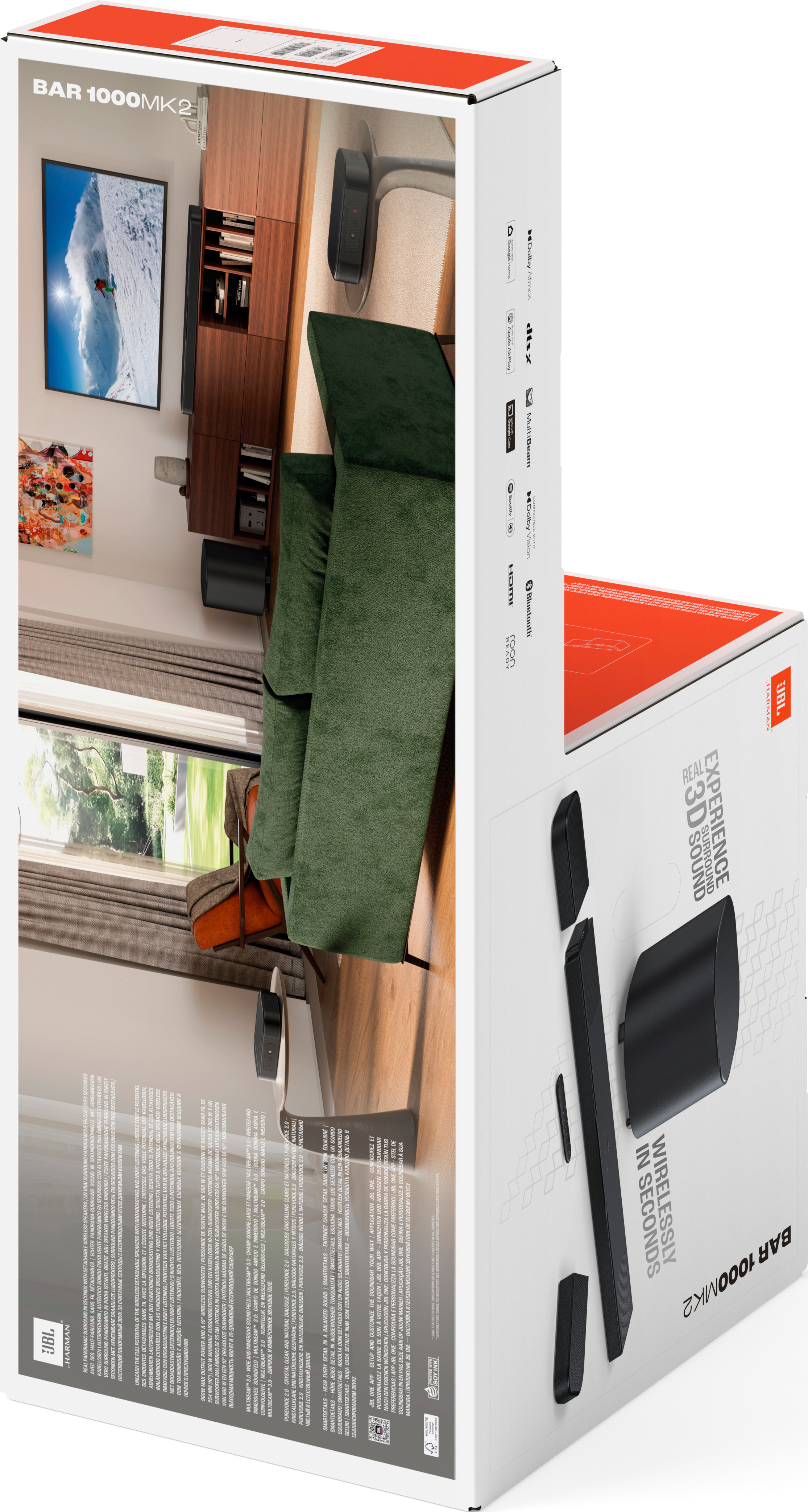 Box mit Innenraum und Soundbar. Die Box ist weiß mit Produktdetails und Logos.