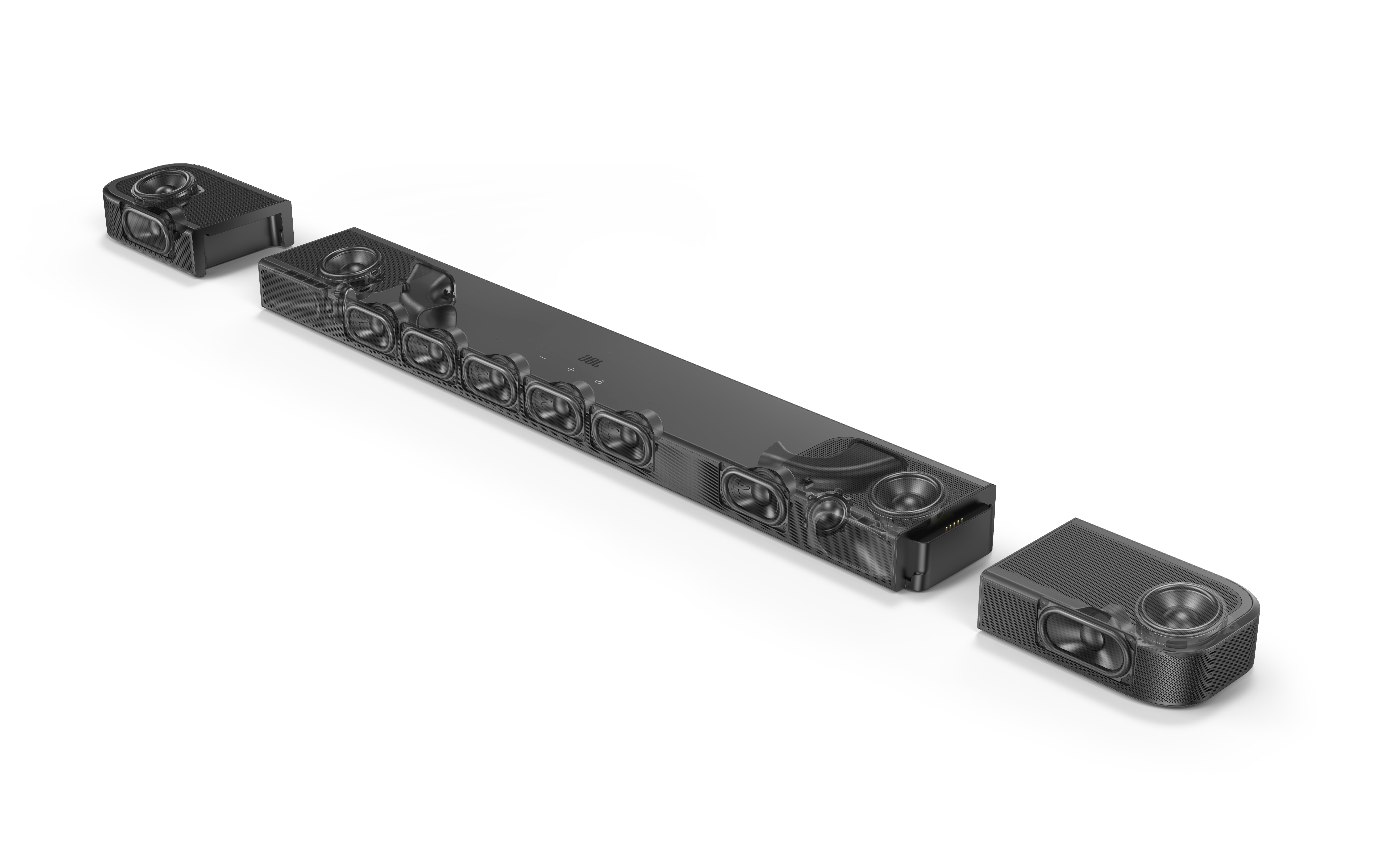 Eine schwarze JBL-Soundbar mit abnehmbaren Lautsprechern, die interne Komponenten zeigt. Die Soundbar befindet sich auf weißem Grund.