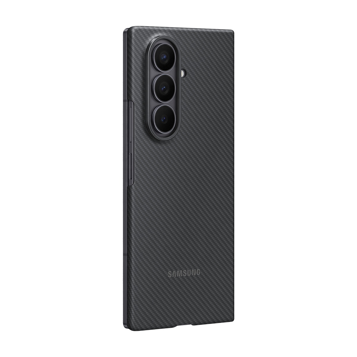 Üç kamera lensli, koyu gri bir telefon kılıfı. Kılıfın karbon fiber dokusu ve Samsung logosu var.