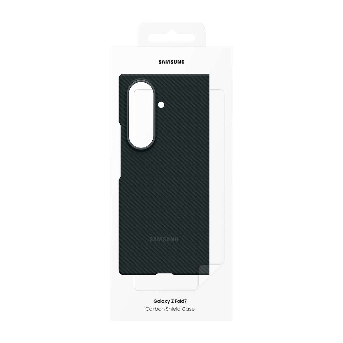 Ambalajında Samsung Galaxy Z Fold7 karbon fiber kılıfı. Beyaz çerçeveli siyah kılıf, Samsung logolu beyaz kutu.