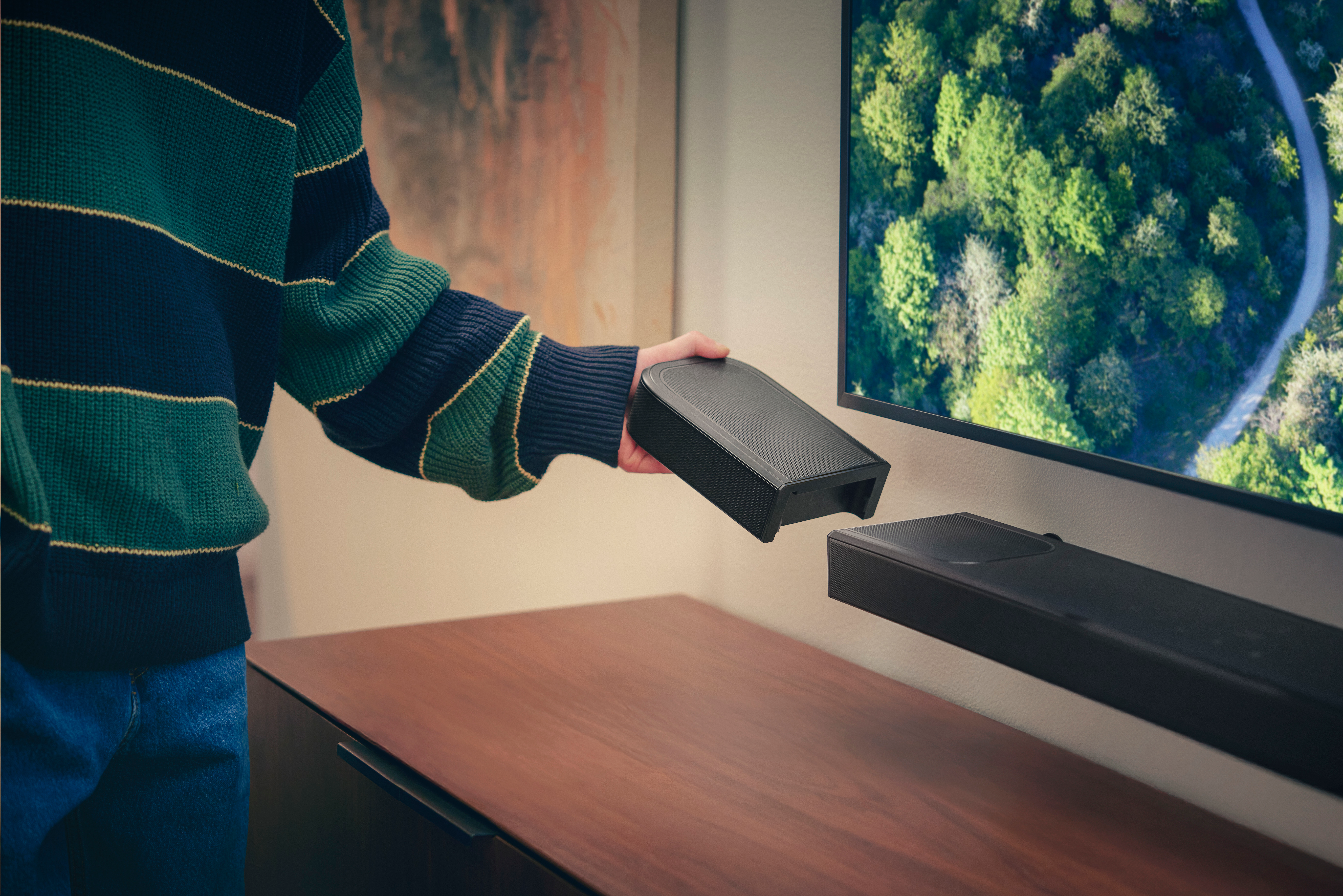Eine Person hält eine Lautsprecherkomponente und platziert sie in der Nähe eines montierten Fernsehers. Der Fernseher zeigt eine Waldszene. Unten ein Holzschrank.
