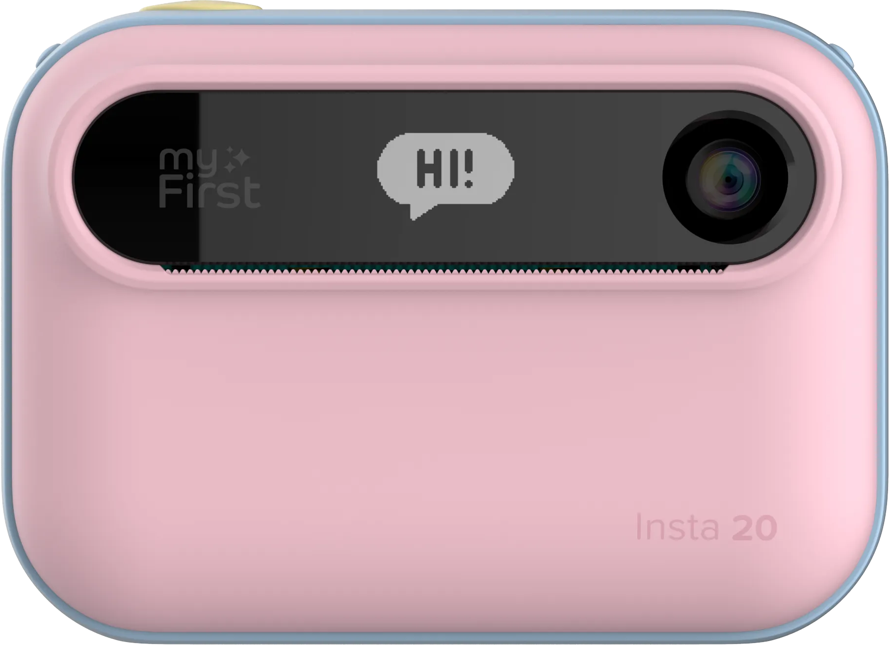 Un appareil photo Insta 20 rose. Il a un écran affichant 'HI!' dans une bulle, un objectif et les mots 'my First'.