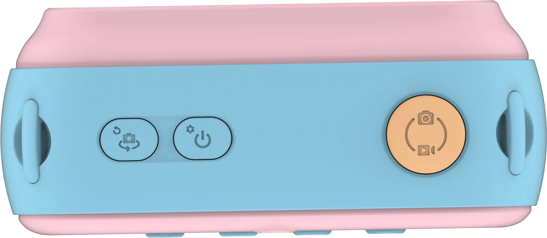Un appareil photo rose et bleu avec des boutons. Il a un bouton d'objectif et un bouton d'alimentation. L'appareil est clair.