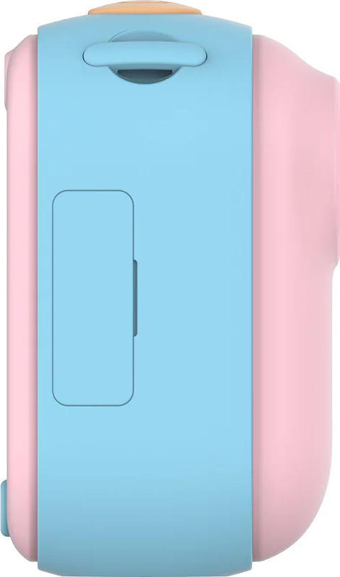 Vue latérale d'un appareil photo bleu et rose. Il a une poignée, un bouton et un compartiment rectangulaire.