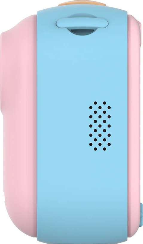 Vue latérale d'un appareil photo pour enfants, rose à gauche, bleu au centre et une poignée en haut. Points noirs sur la section bleue.