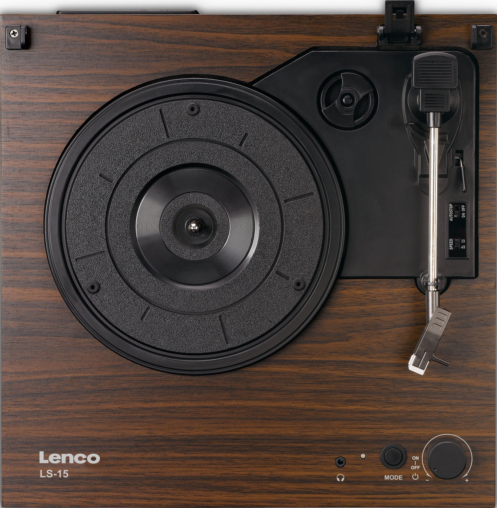 Vue de dessus d'une platine vinyle. Elle comporte un disque noir, un bras de lecture et une base en bois avec des commandes et le logo Lenco.