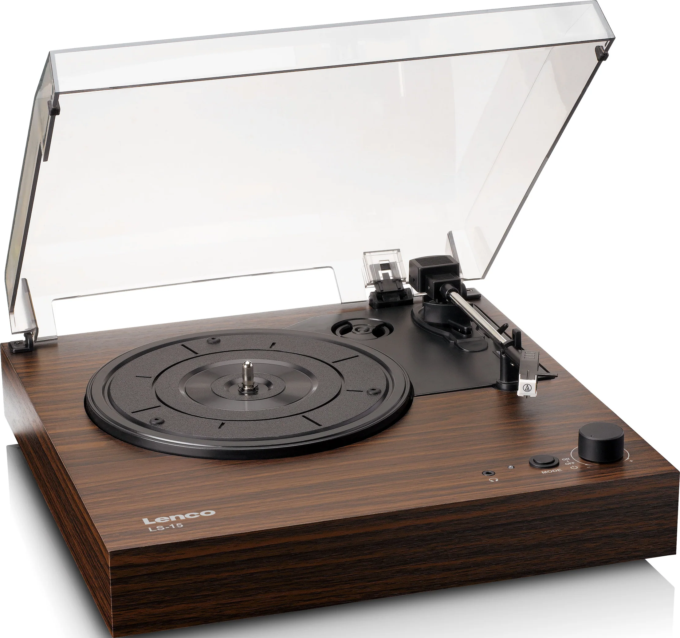 Une platine vinyle Lenco LS-15 à grain de bois avec un cache-poussière transparent. La platine a un plateau noir et des boutons de commande.