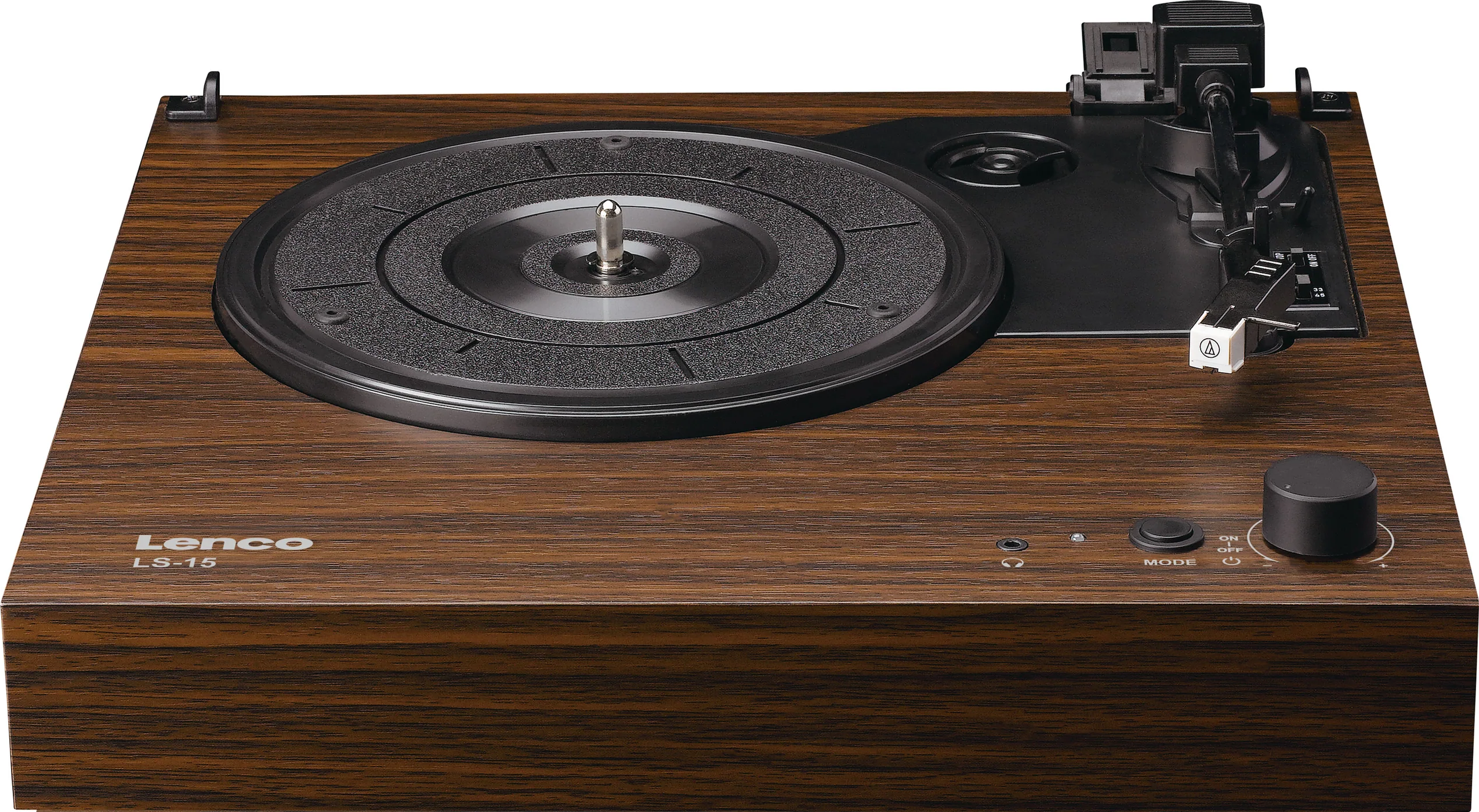 Une platine Lenco LS-15 avec une finition bois. Elle possède un plateau, un bras et un panneau de contrôle noirs.