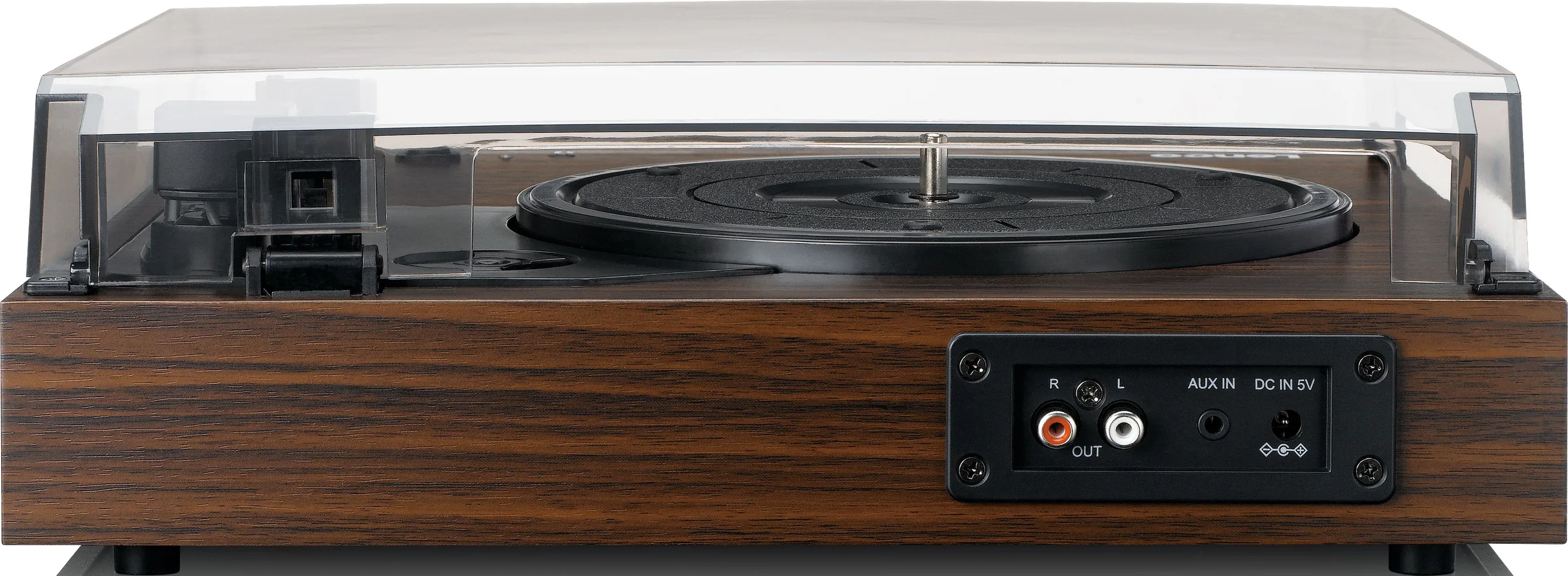 Une platine en bois avec un disque noir. Couvercle transparent relevé. Ports : R, L, Aux In, DC In. Grain de bois brun.