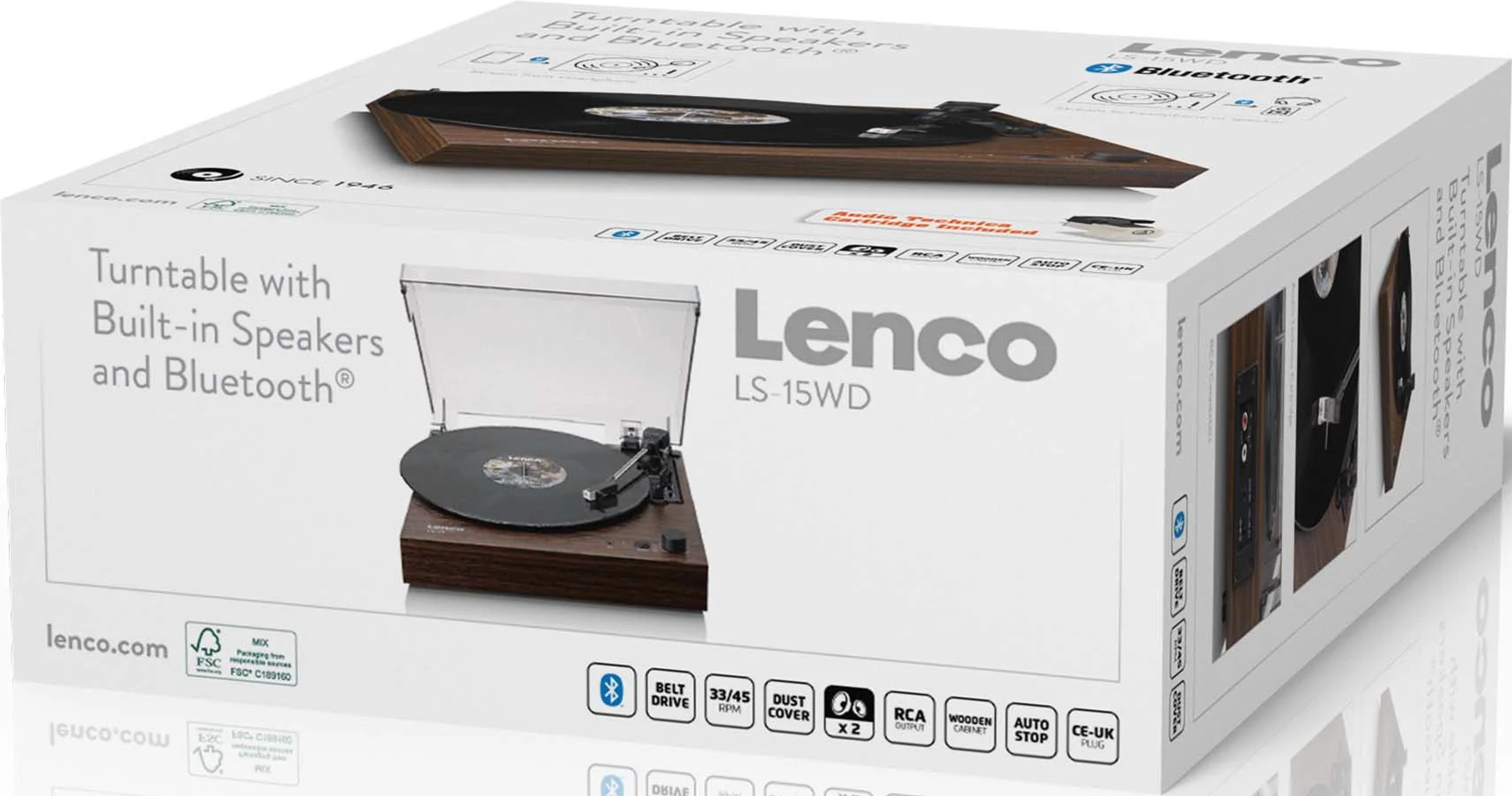 Platine Lenco en boîte. Elle possède des haut-parleurs intégrés, Bluetooth et un boîtier en bois. Comprend entraînement par courroie et cache-poussière.