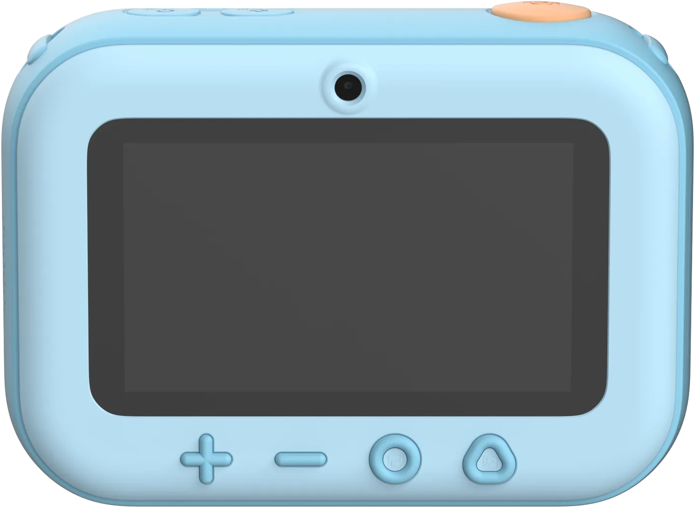 Un appareil portable bleu clair avec écran, boutons et caméra. Un bouton rose est en haut.