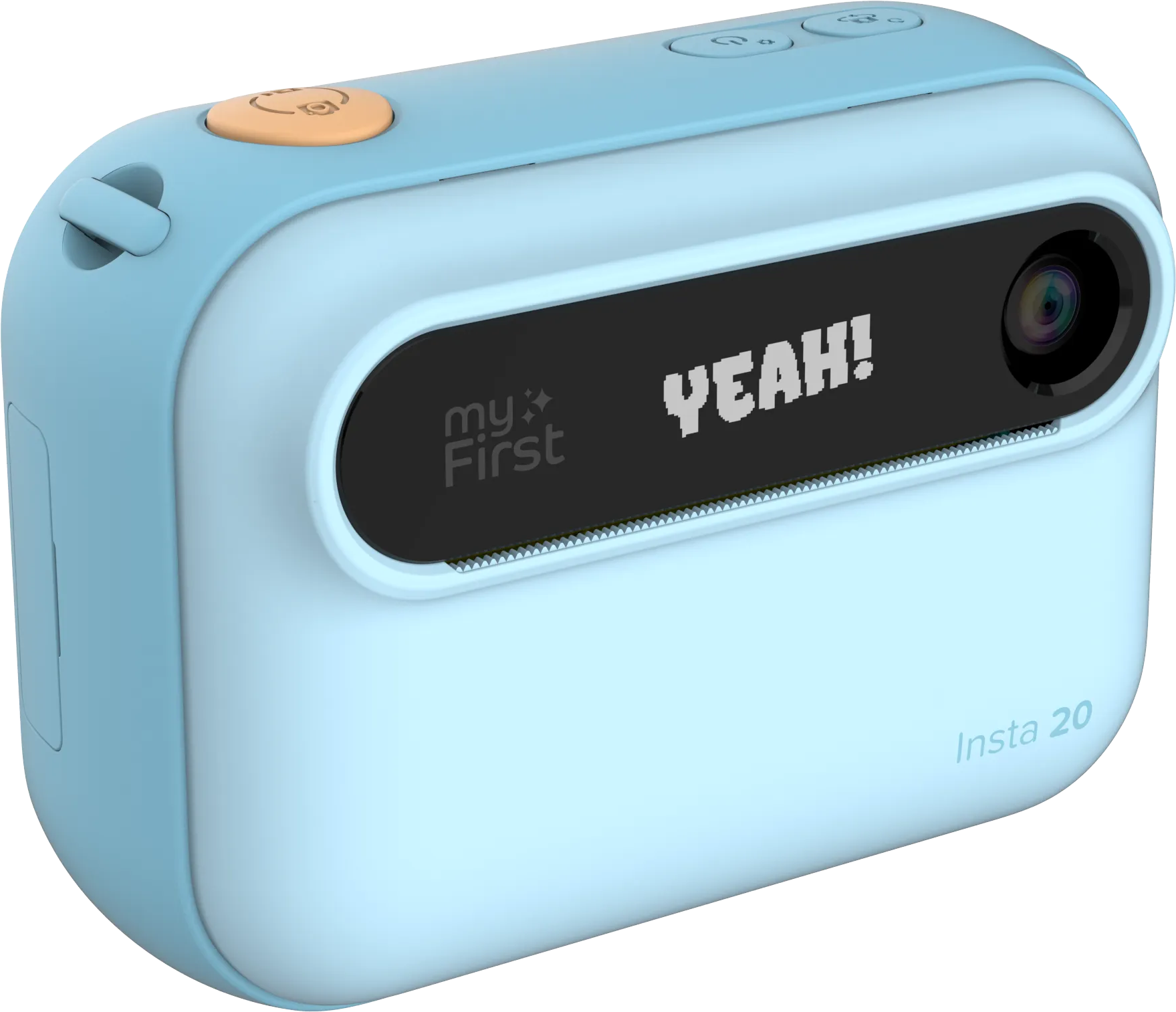 Un appareil photo Insta 20 bleu clair affiche 'YEAH!'. Il possède un bouton orange, un objectif et le logo 'my First'.