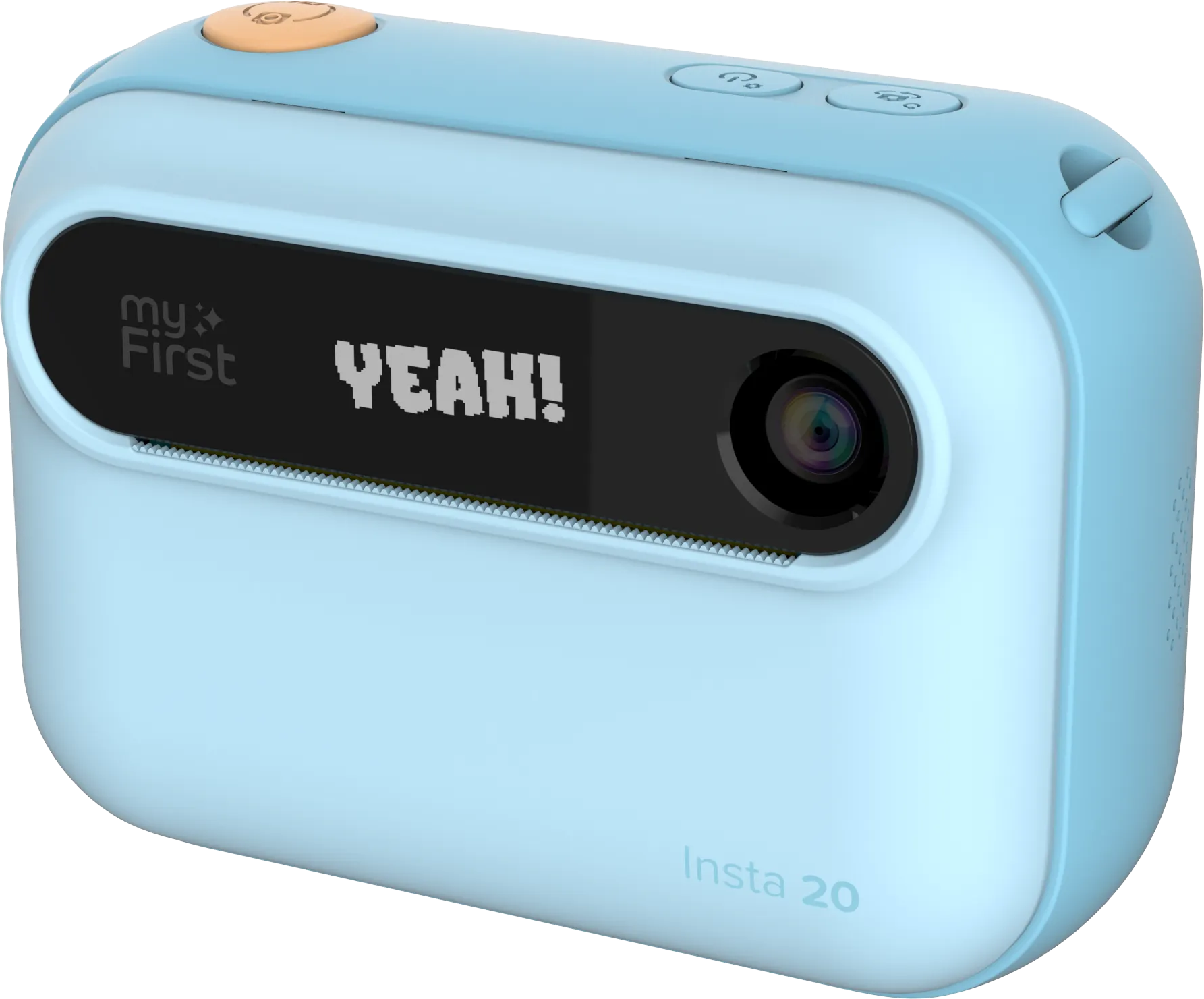 Un appareil photo Insta 20 bleu clair affiche "YEAH!". Le dessus a un bouton orange. Objectif et boutons noirs visibles.