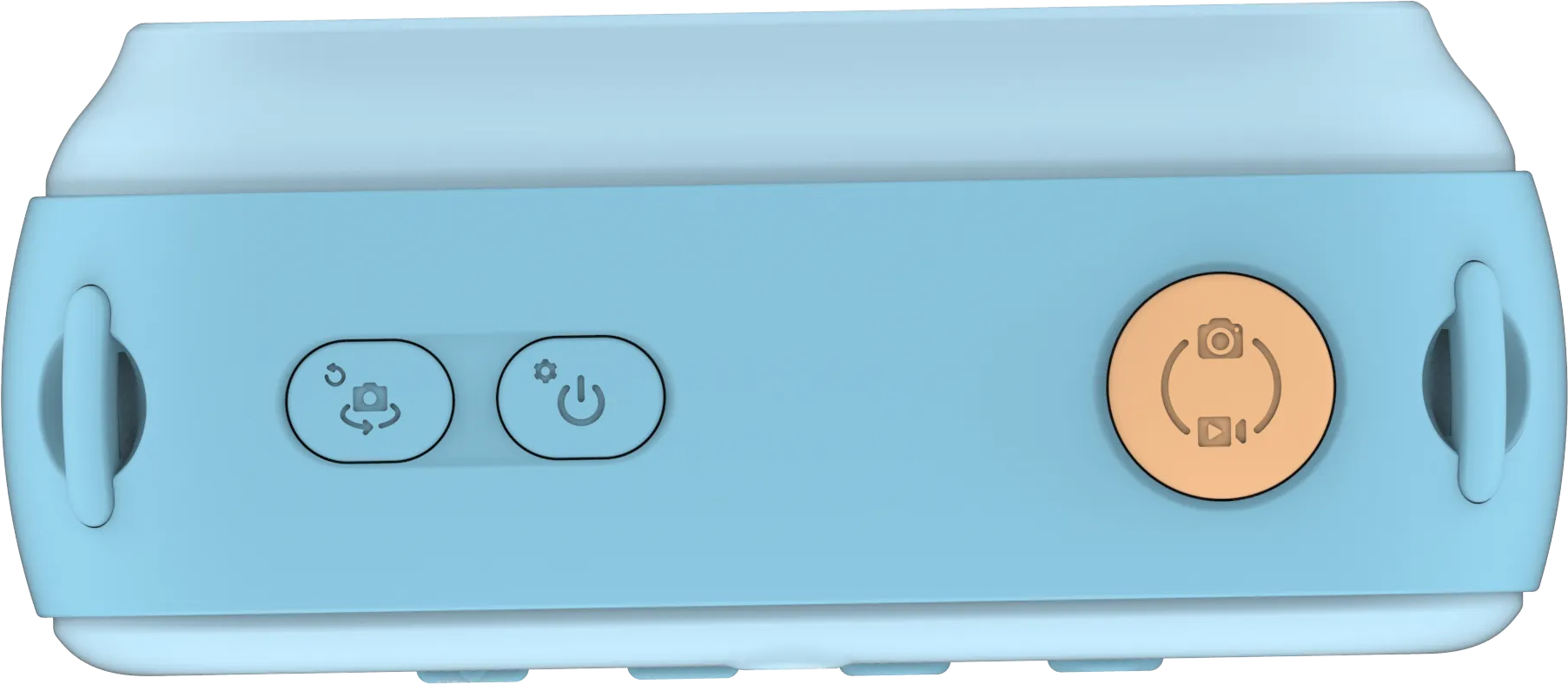 Un appareil bleu clair avec des boutons. Il comporte un bouton orange rond et deux petits boutons.