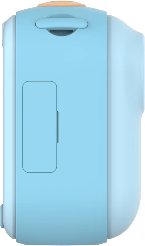 Un appareil photo bleu clair avec un bouton beige et une porte sur le côté. Il a une poignée et un bord blanc.