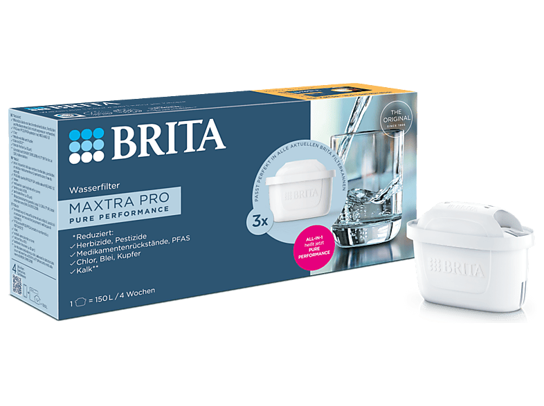 Brita 121365 Maxtra Pro Pure Performance, 3er, 3er Filterkartuschen All-In-One, reicht bis zu 150 l oder 4 Wochen, Weiß