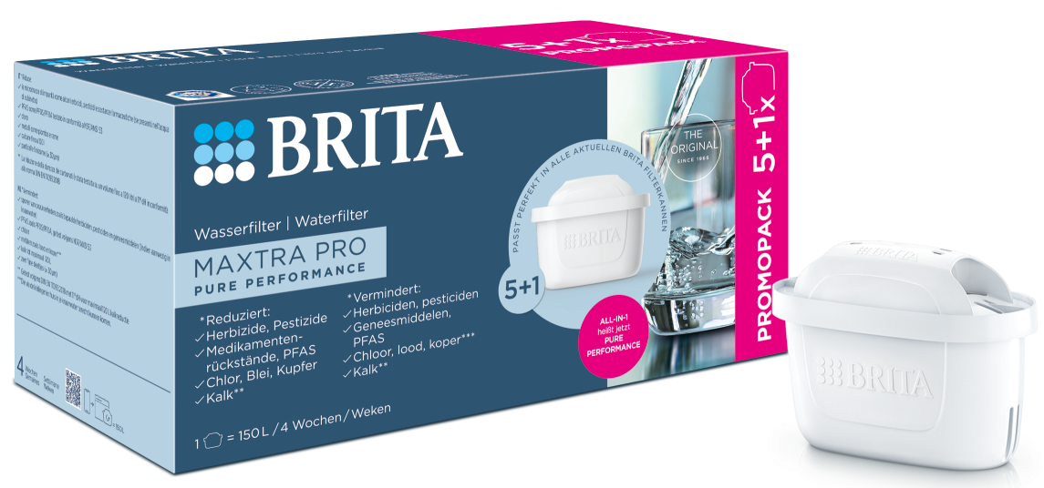Eine Brita-Wasserfilterbox und -Filter. Die Box ist blau und weiß, mit Text und einem Bild von Wasser.