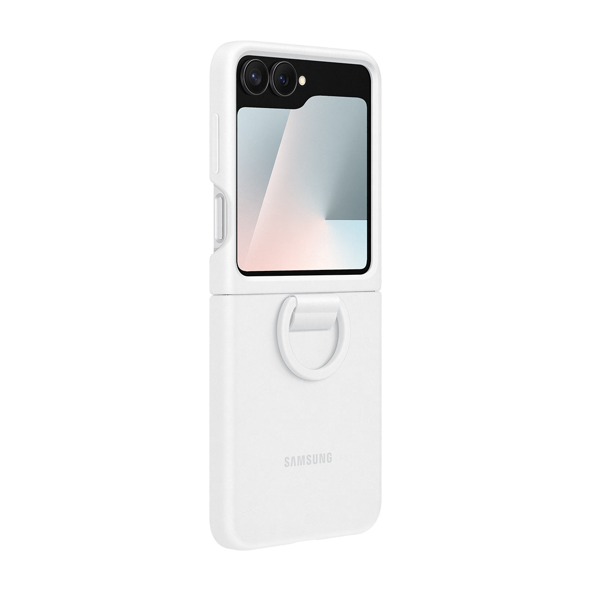 Beyaz bir Samsung telefon kılıfı. Telefon katlanmış, ekran görünür durumda. Kılıfın üzerinde bir halka ve Samsung logosu var.