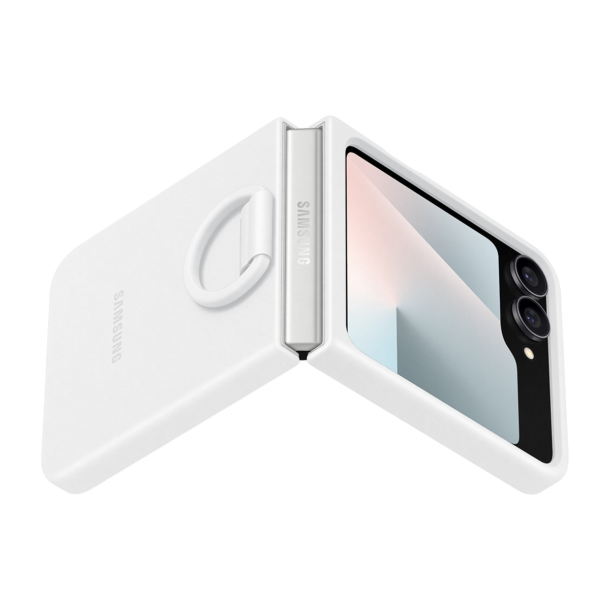 Beyaz Samsung telefon, kısmen açık. Telefon beyaz bir kılıf içinde ve bir halka tutacağı var. Ekran soyut bir görüntü gösteriyor.
