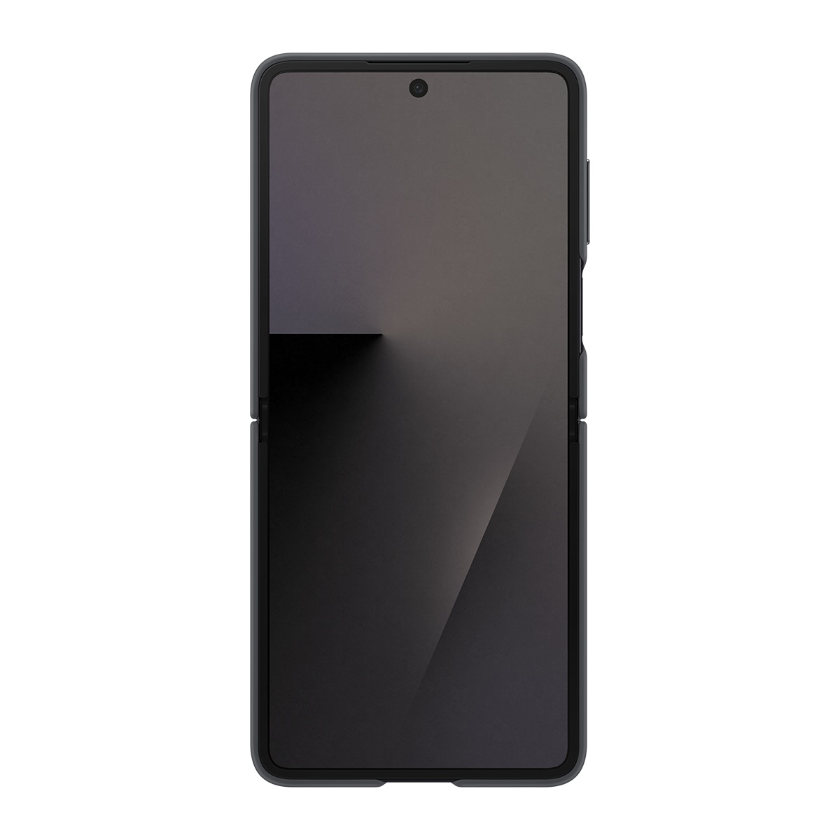 Katlanmış siyah bir akıllı telefon beyaz bir arka plan üzerinde ortalanmış. Ekran karanlık ve üstte küçük bir kamera var.