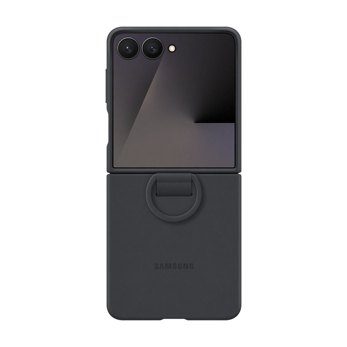 Koyu gri Samsung telefon kılıfı, açık. Üst kısım iki kamera gösterir, altta bir halka ve Samsung logosu vardır.