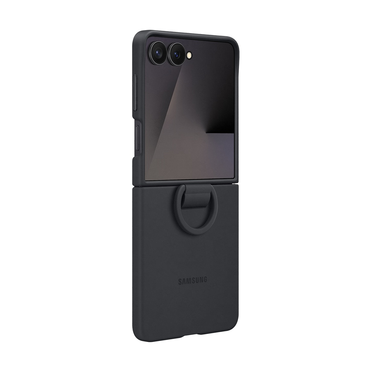 Siyah bir Samsung Z Flip telefonu açık. Altta bir halka ve Samsung yazısı var. Üstte iki kamera merceği var.