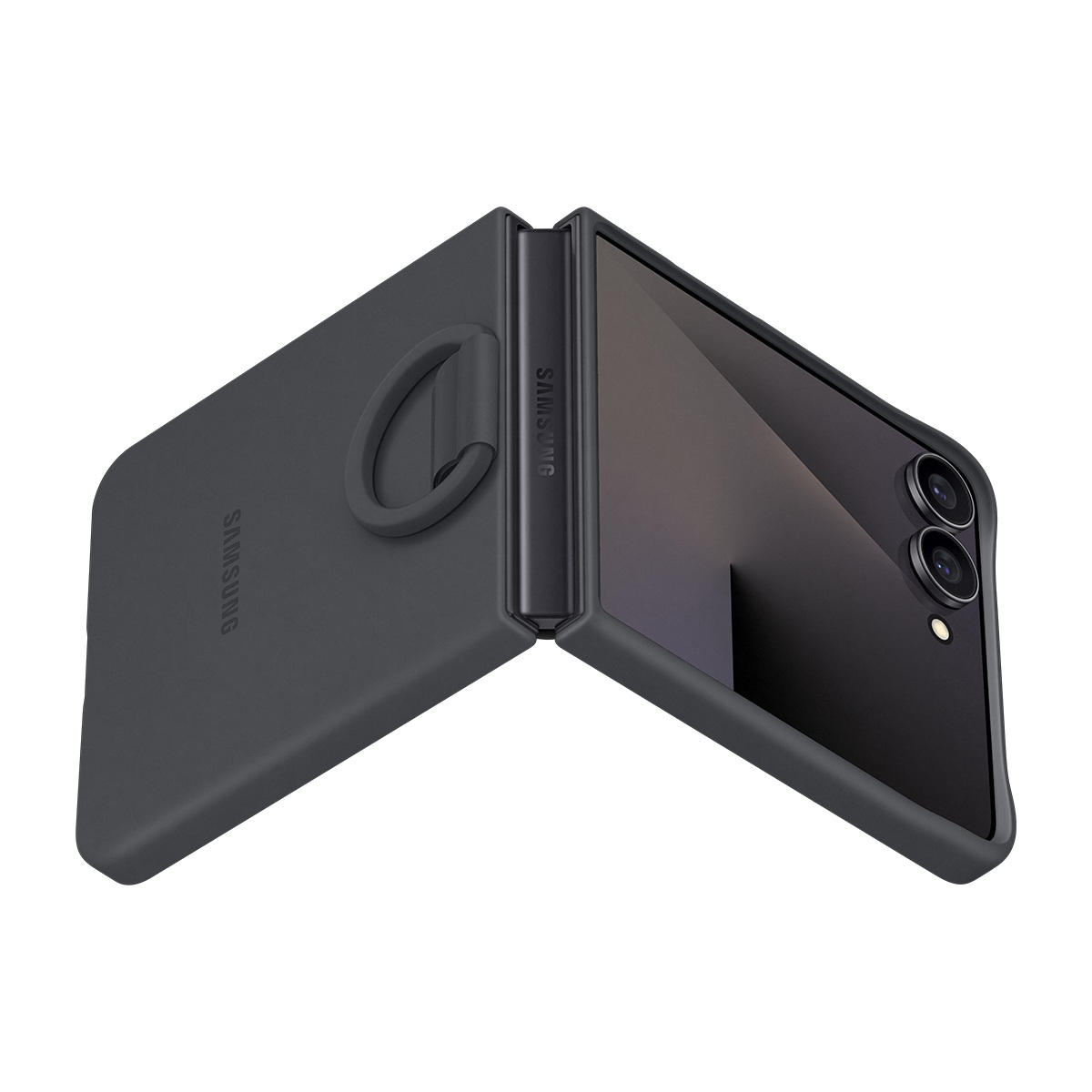 Koyu gri Samsung telefon kılıfı. Açık, telefonun ekranını ve kameralarını gösteriyor. Kılıfın bir parmak halkası var.