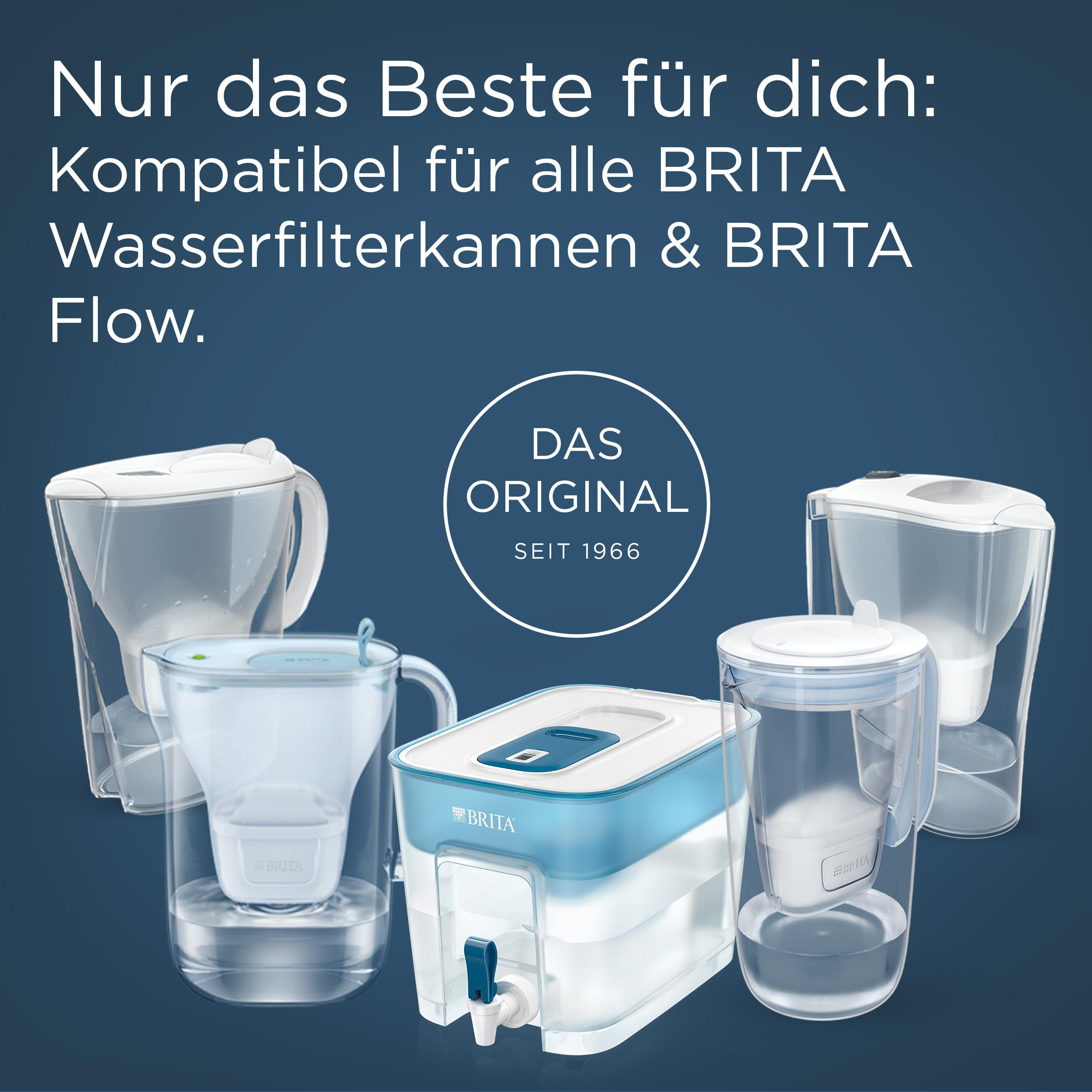 Das Bild zeigt Brita-Wasserfilterkrüge und einen Wasserspender. Der Text lautet: 'Nur das Beste für dich'.